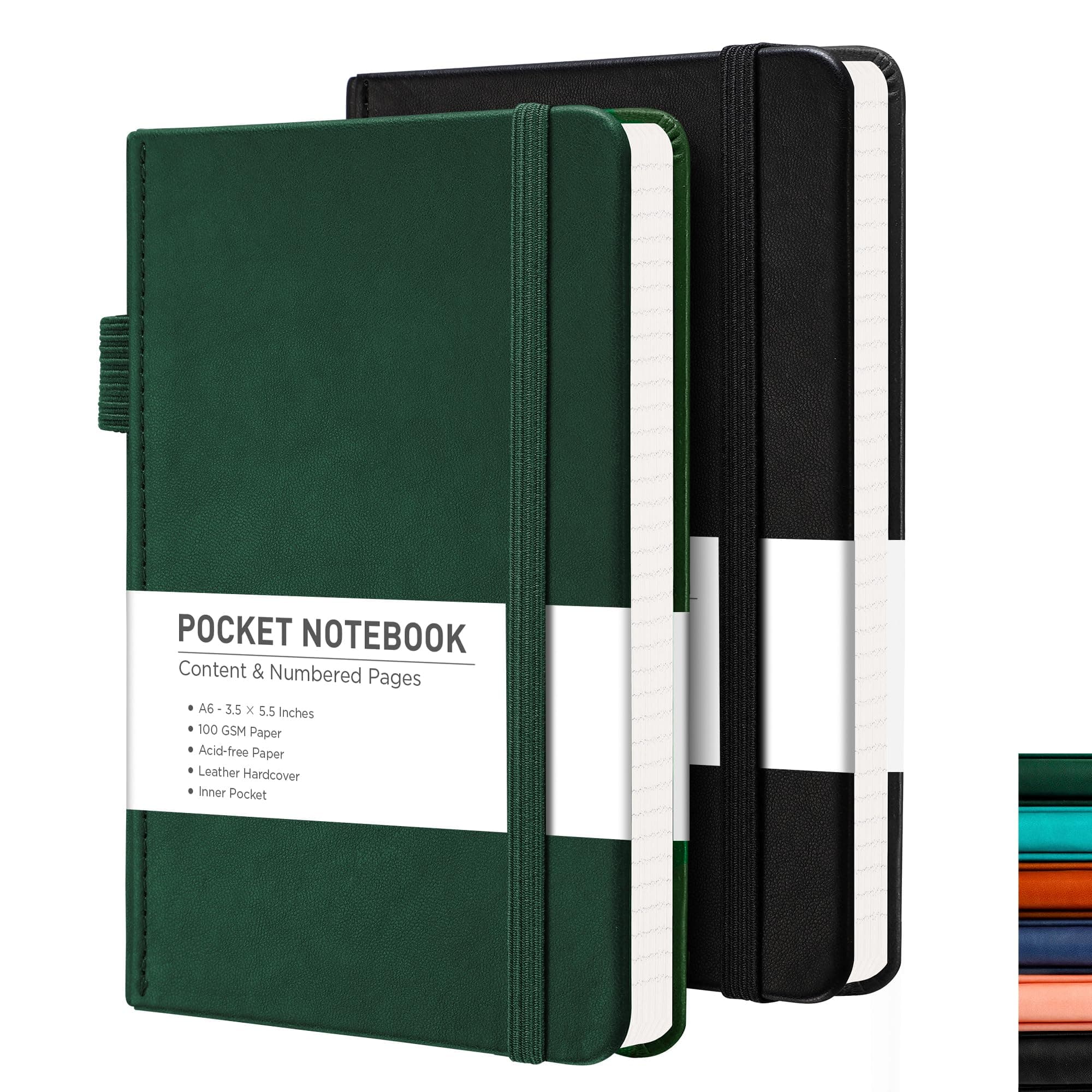 RETTACY Pocket Journal Notebook, 2-Pack, 160 Numbered Lined Pages per Pack, A6 Mini Small Size (3.5" × 5.5"), for Work, Journaling, Leather Hardcover, 100 GSM Thick Paper (Black & Dark Green)