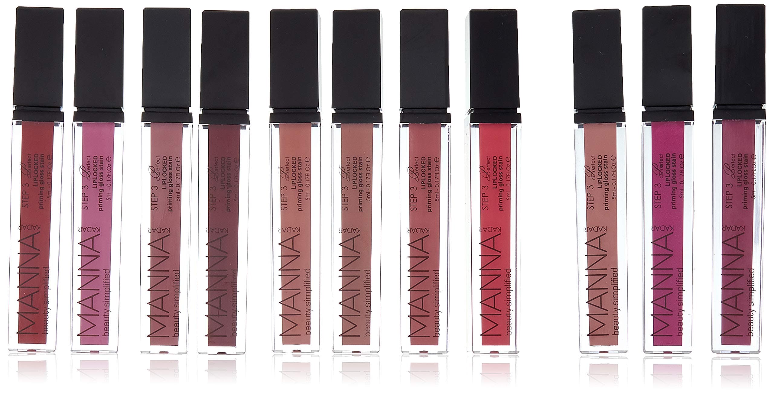 Manna Kadar Lip Library Liplocked Priming Gloss Stain Set, 10 Shades of Pink and 2 Shades of Red