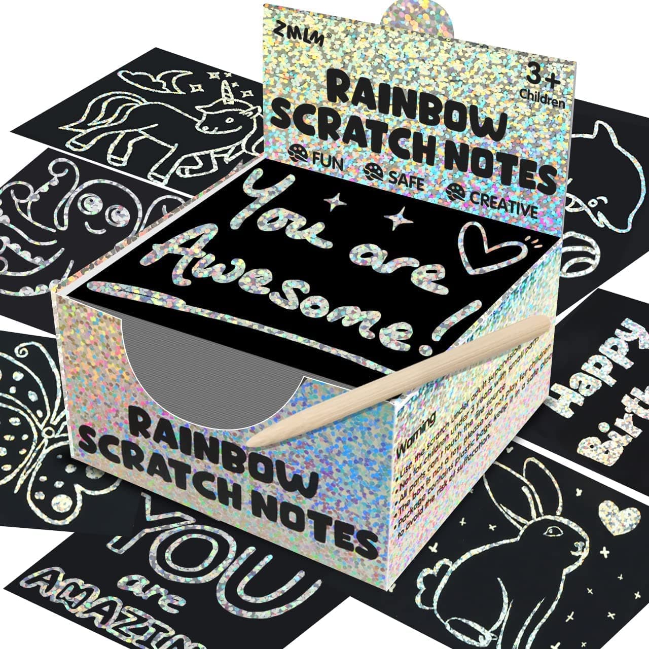 ZMLM Scratch Mini Art Notes for Kids - 165 Holographic Silver Magic Scratch Paper Art Cards Easter Basket Stocking Stuffers Party Favor Toy Bulk DIY Art Craft Supplies Kit Birthday Gift for Girl Boy
