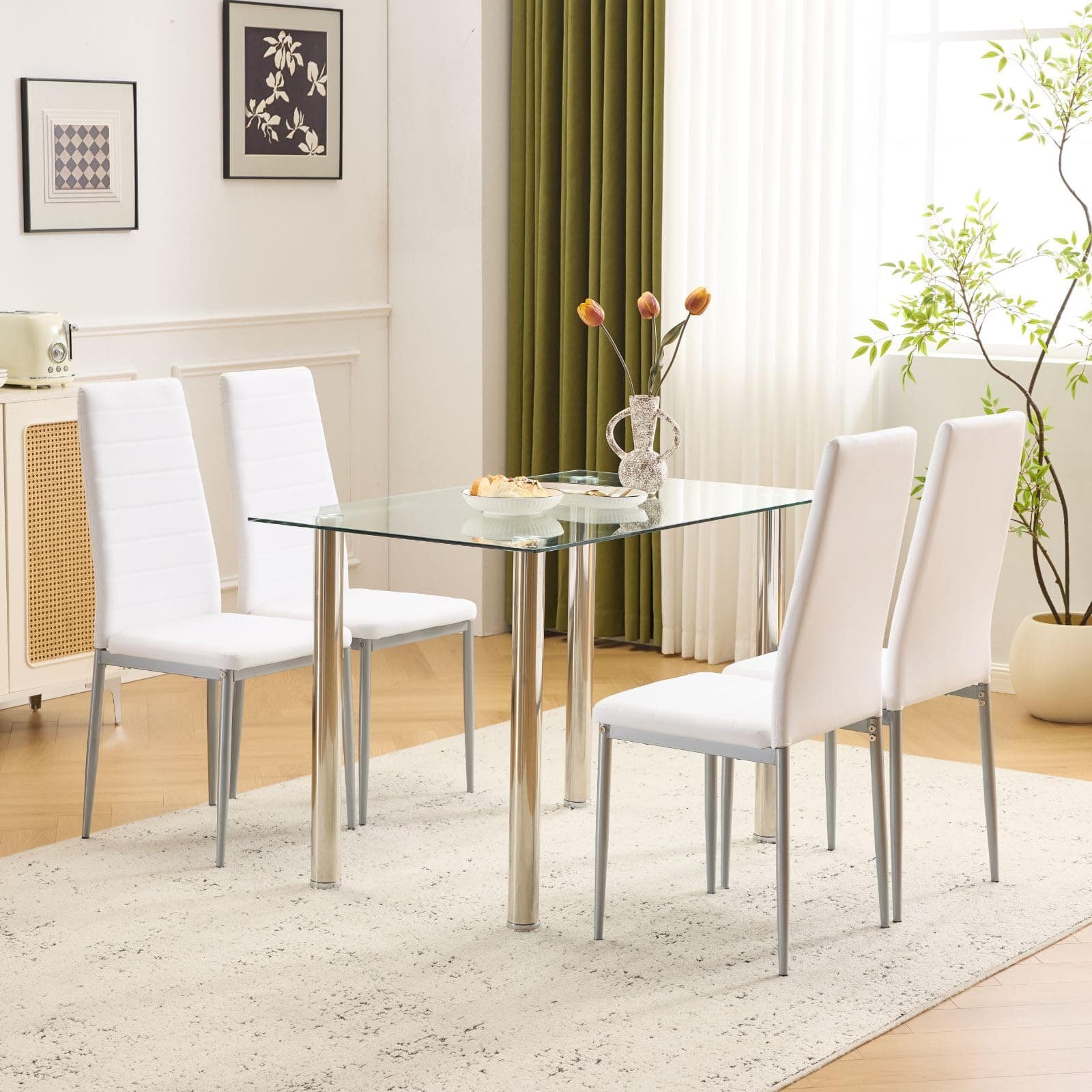 Karl home 5-Piece Dining Table Set with 1 Glass Dining Table and 4 Leather Chairs, Modern Silver Dining Table Set for Kitchen & Breakfast Dining Living Room, Space Saving