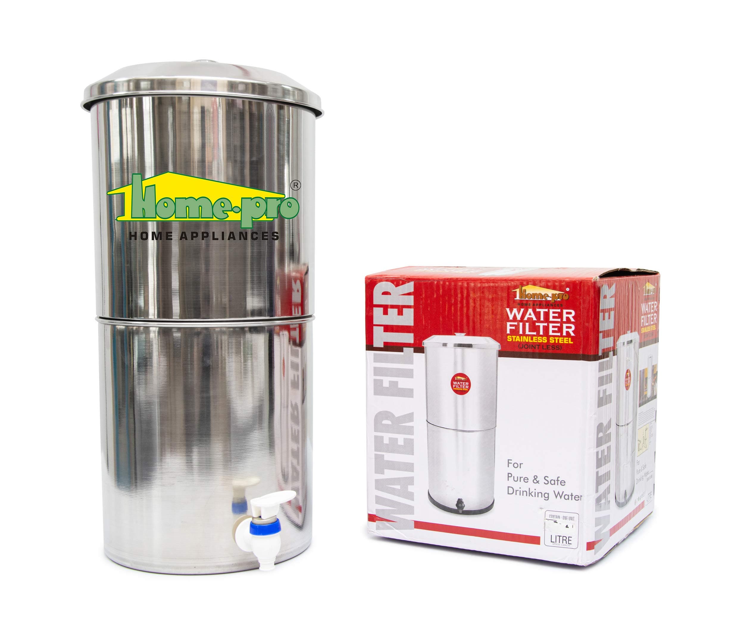 Home-Pro - Gravity Water Filter and Purifier | 27 Liters Total Capacity (14L Bottom & 13L Top) Made with Stainless Steel |Includes 3 Creamic Candle and Food Grade Plastic Tape