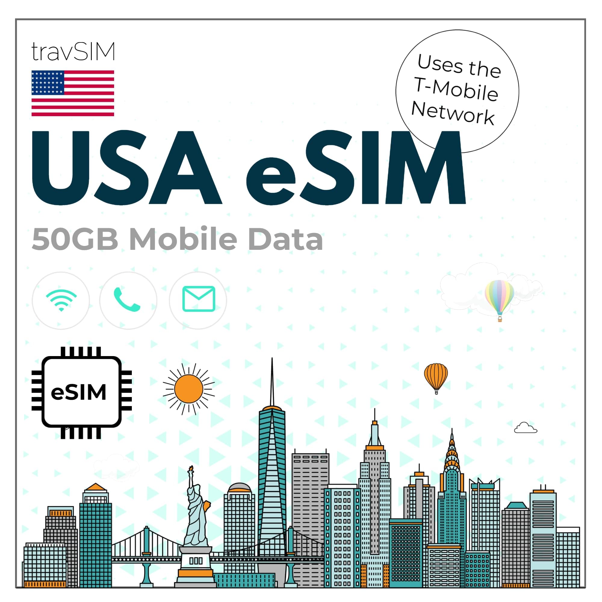 travSIM USA eSIM | Uses T-Mobile Network | 50GB Mobile Data at 4G/5G Speeds | eSIM for USA Offers Unlimited National Calls & SMS | USA eSIM 14 Days