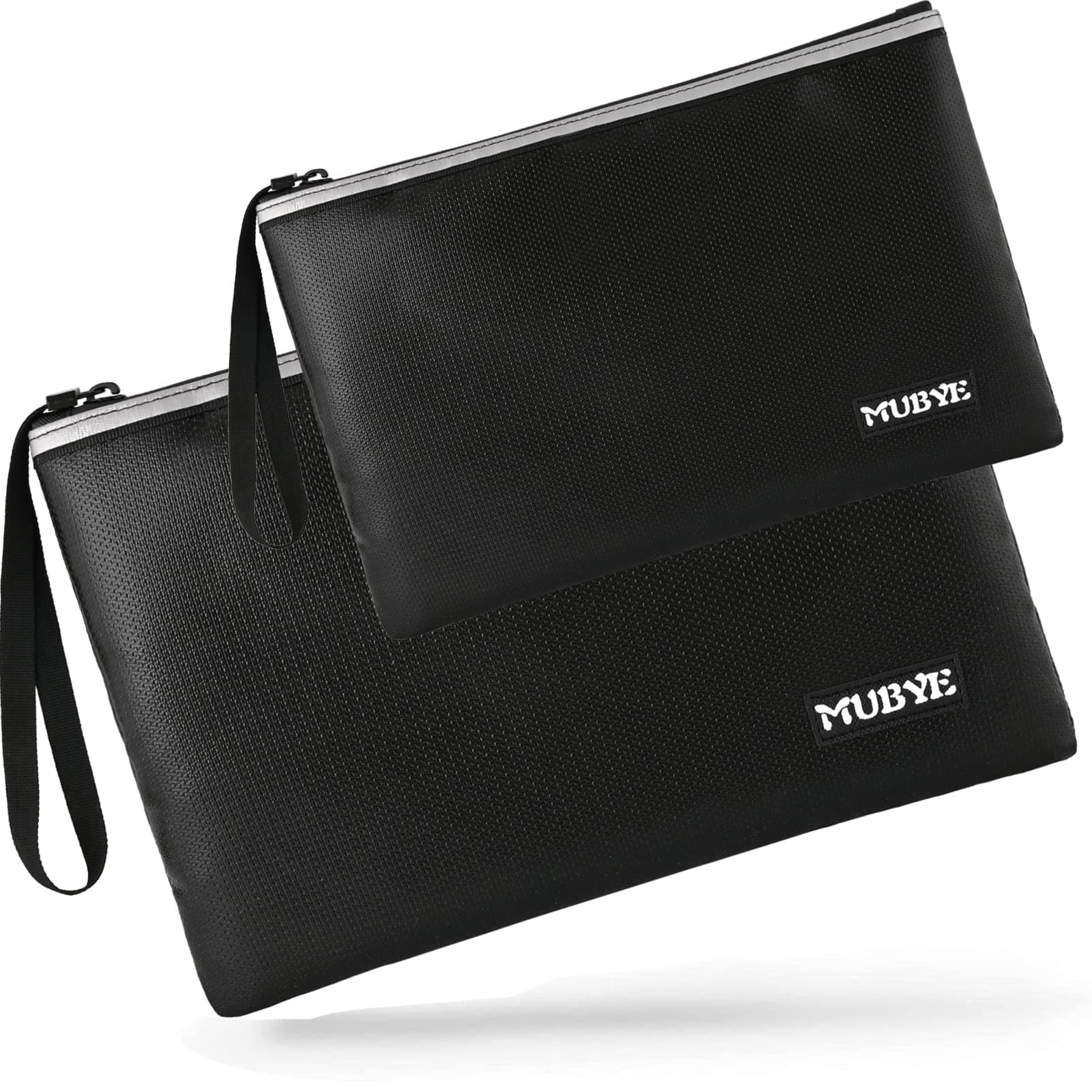 MUBYE Fireproof Waterproof Money Document Bag - 2 Pack Safe Zipper Bags with Reflective Strip, Fire & Water Proof Storage Organizer Pouch for A4,File,Cash,Passport,Table(13.4" x 9.8" and 10.6" x 6.7")