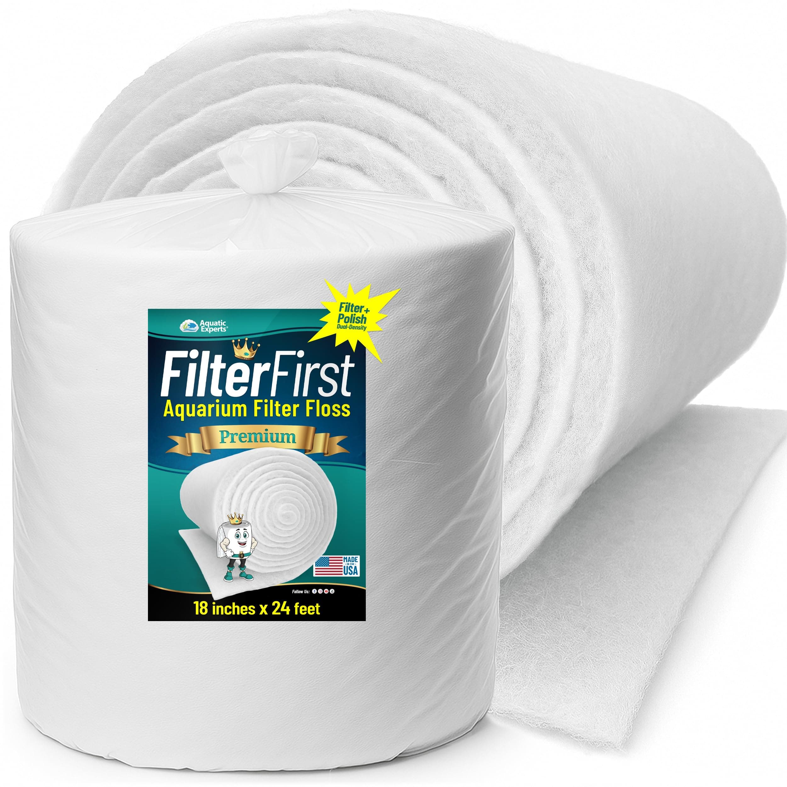 Aquatic Experts Aquarium Filter Floss for Fish Tank Filters - FilterFirst Aquarium Filter Pad - Media Roll for Crystal Clear Water, 3/4" - 1" Thick (18 Inch Wide, 24 Feet Long)