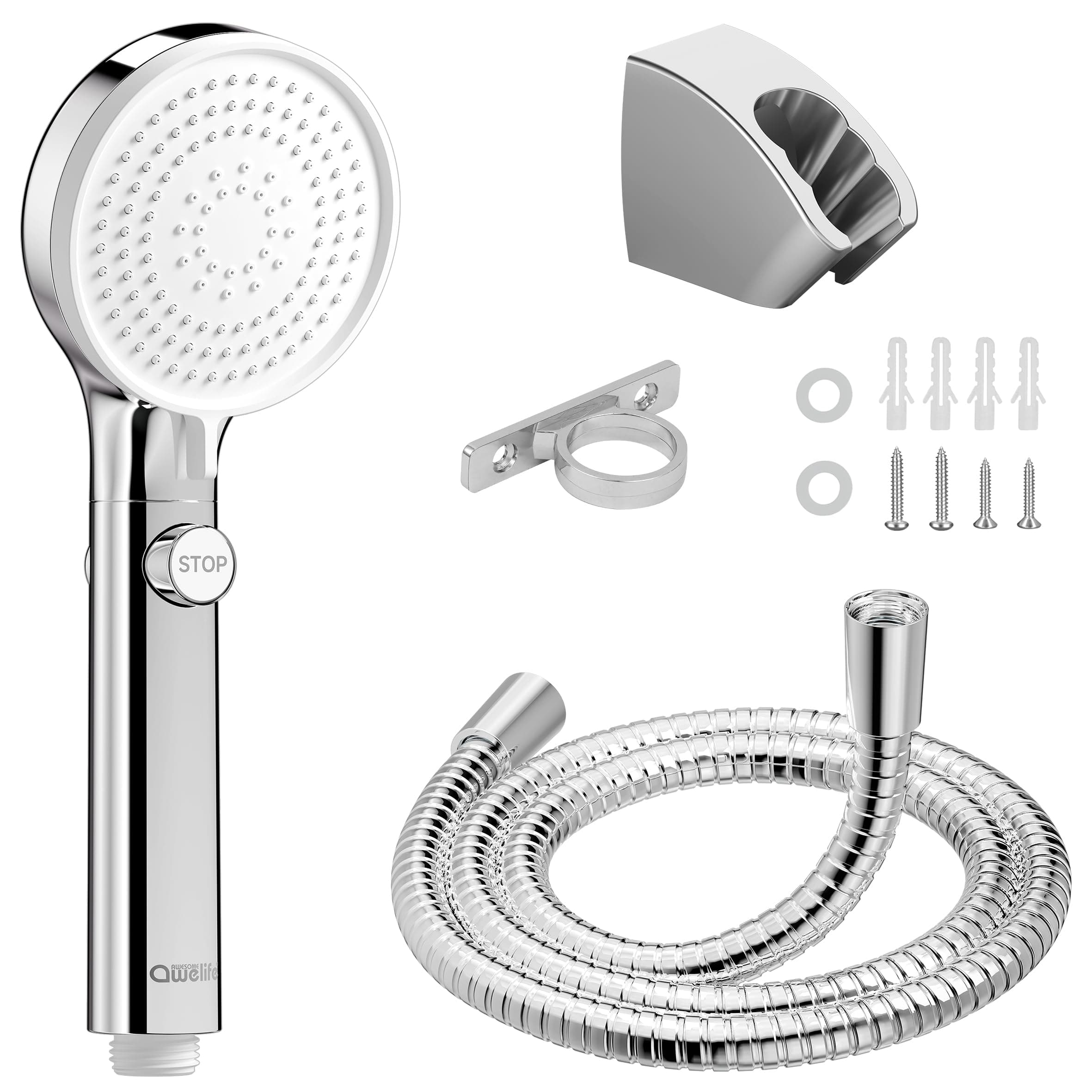 RV Shower Head with Hose and On Off Switch, Camper Water Saving and High Pressure Shower Head with Hose for RV, Camper, Van, Travel Trailer, Motorhome and Boat, White and Chrome Finish