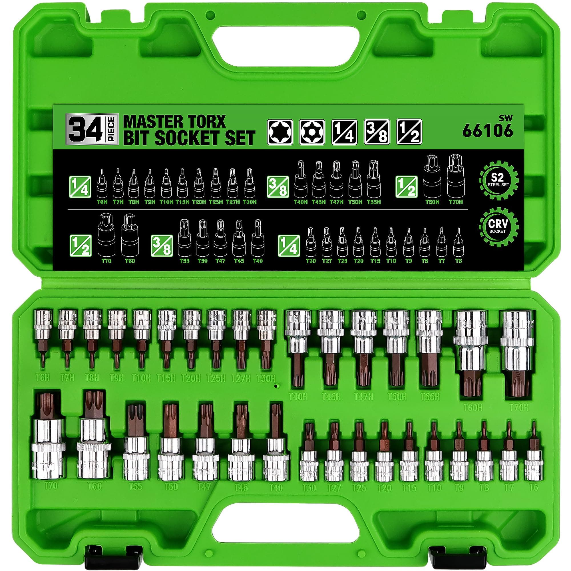 34-Piece Torx Bit Socket Set, Tamper Proof T6-T70, Solid Star Bits Set, Premium CR-V & S2 Alloy Steel Star Socket Sets, Torque Bit Sets with Storage Case