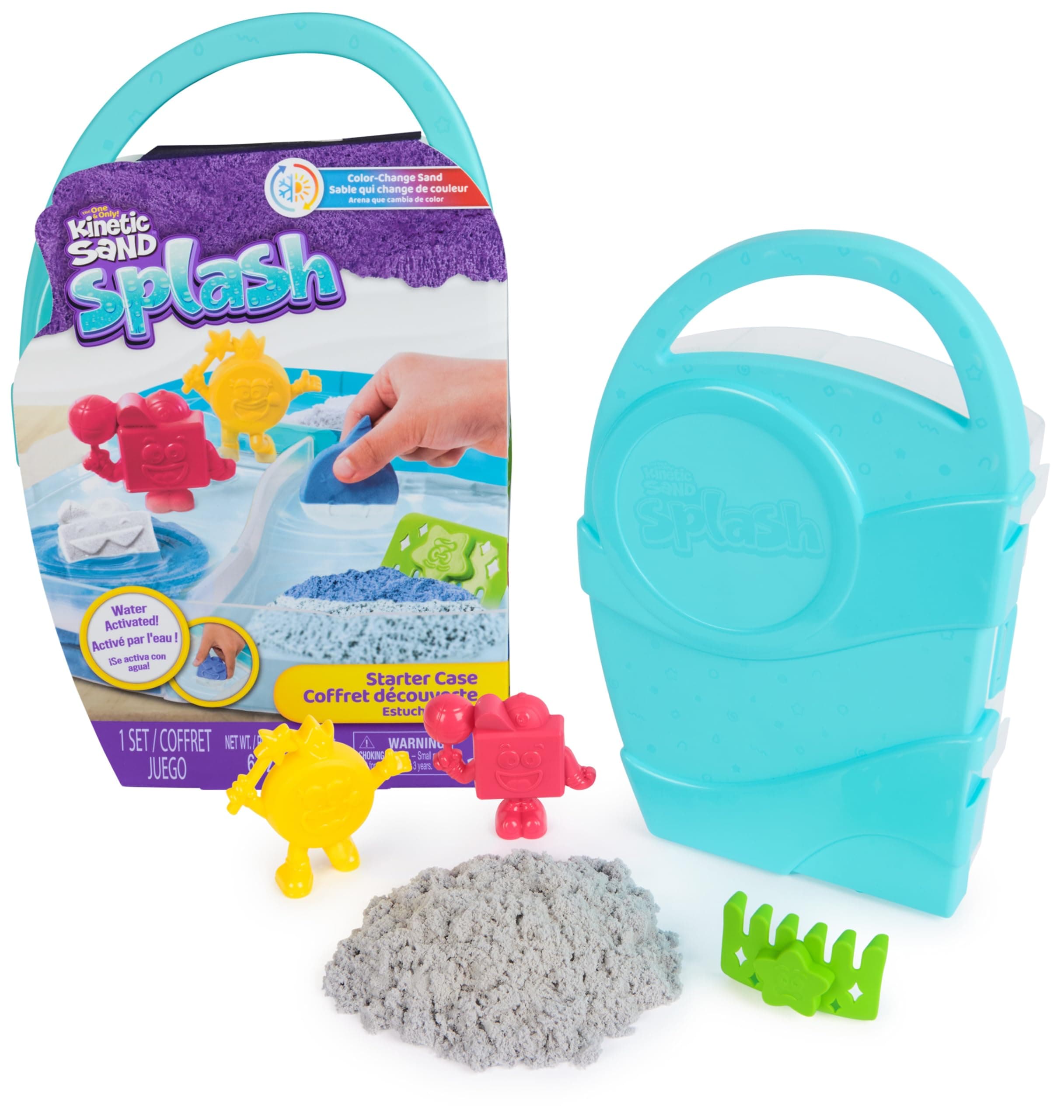 Kinetic Sand, Splash Starter Case with 6oz Color-Change Play Sand, 3 Tools & Molds, Reusable Storage, Sensory Toys, Holiday Gifts & Stocking Stuffers for Kids Ages 3 and up