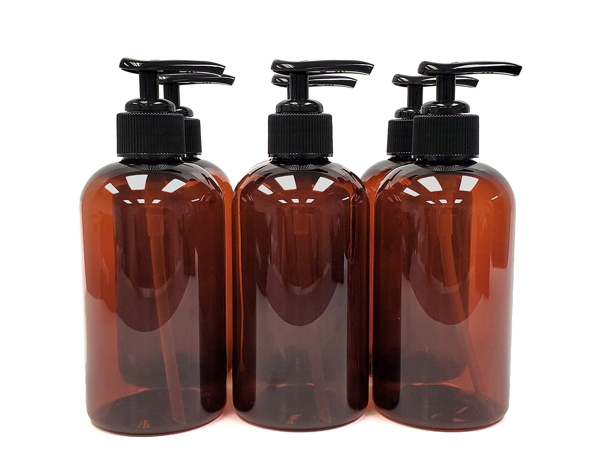 ljdeals 8 oz Amber Plastic Pump Bottles, Empty Refillable Bottles Pack of 6, BPA Free, Made in USA, Perfect for Shampoo, Conditioner, Bath Gels, Lotions and More