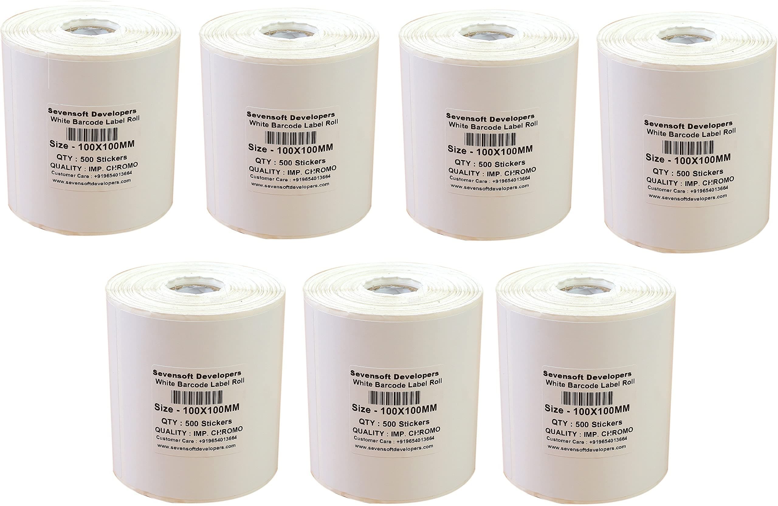 Sevensoft Developers 100X100MM Barcode Label (4X4 INCH) Set of 7 Self-Adhesive Paper Label Shipping Ribbon, stiker tag (White)- 500 Labels, Stickers in per Roll