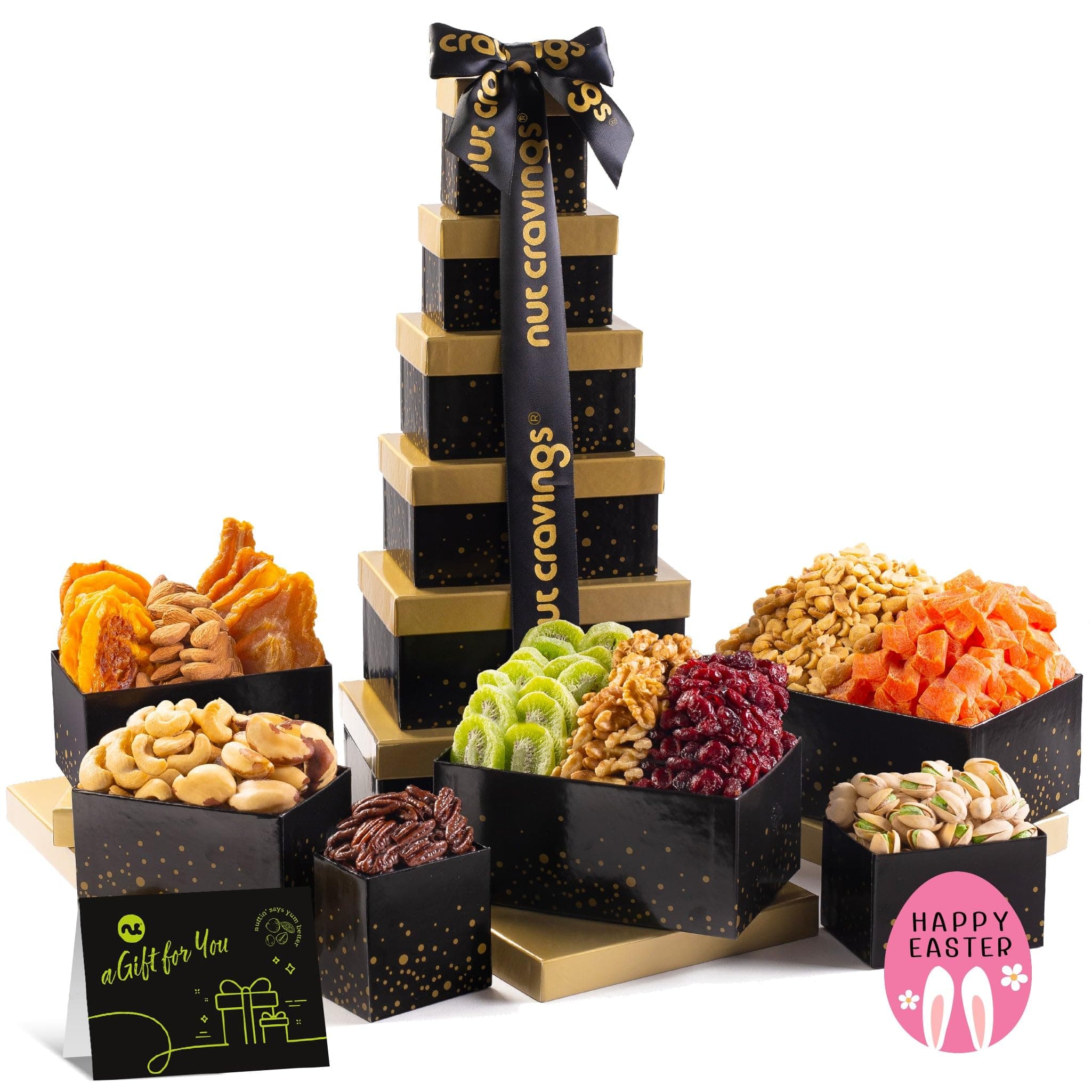 NUT CRAVINGS - Thanksgiving Dried Fruit & Mixed Nuts Gift Basket in Black Tower + Ribbon (12 Assortments) Holiday Xmas Christmas Food Arrangement, Healthy Snack Care Package