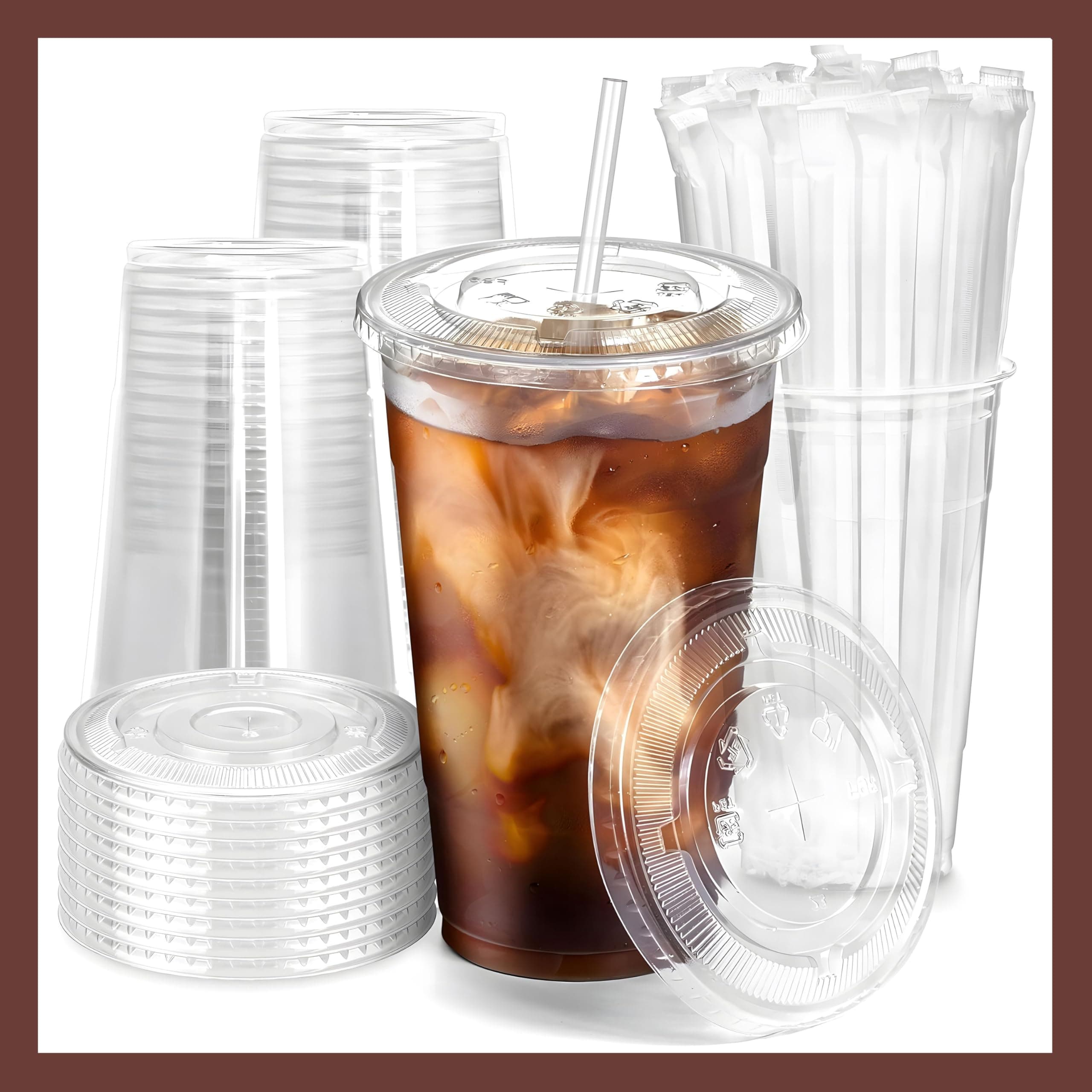 Plastic Clear Cups 24 oz with Lids and Straws 25 Set Disposable Cold Beverage Drinking Iced Coffee Water Juice Tea Party Travel Cafe Restaurant School Office Home Kitchen (25 Set, 24 oz)