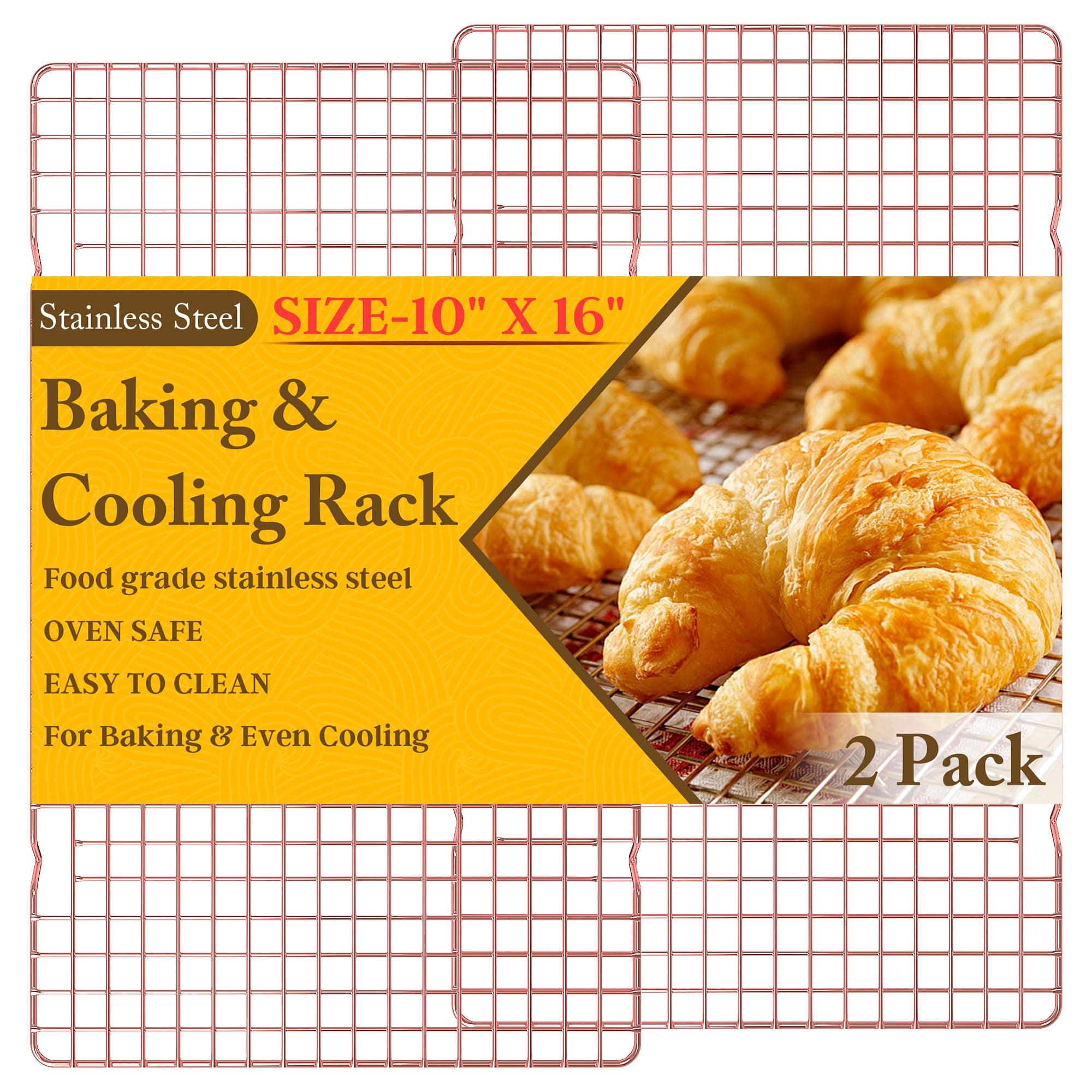 2PCS Cooling Racks for Cooking and Baking - 10" x 16"Heavy Duty Stainless Steel Wire Rack for Baking, Grilling, Roasting - Oven & Dishwasher Safe - Fits Half Sheet Pan(Rose Gold)