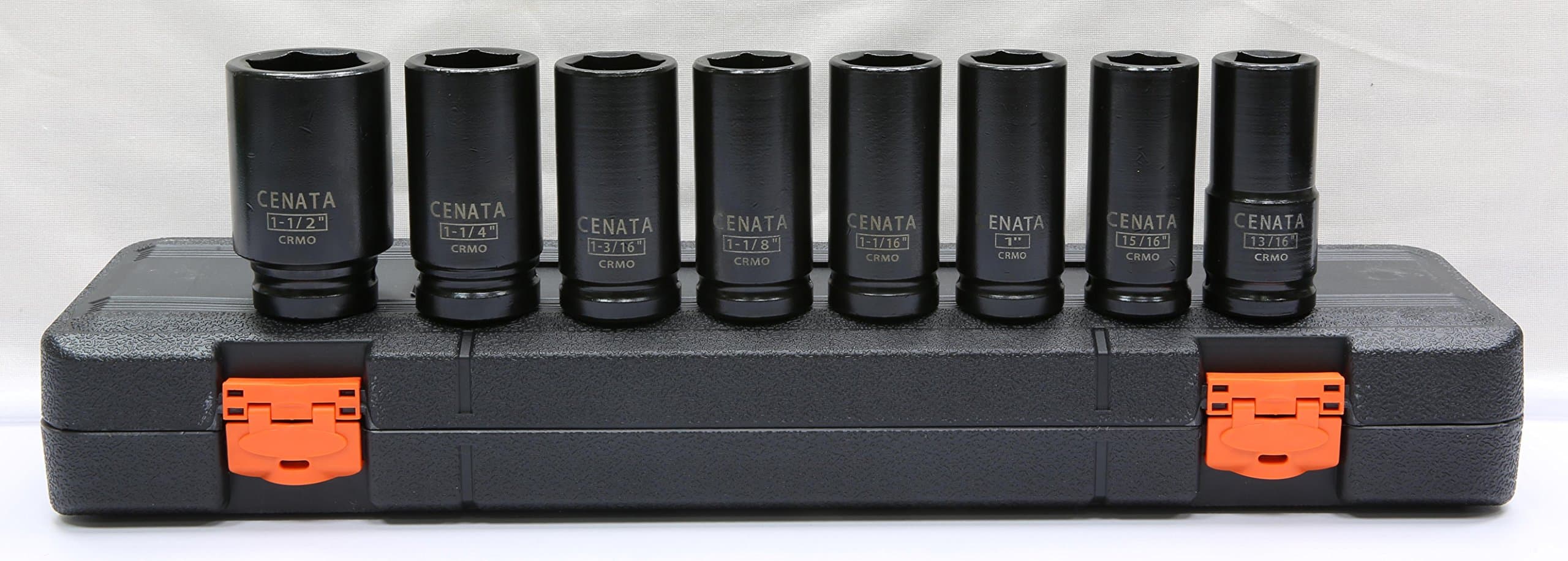 Cenata YM8086 8-Piece 3/4-Inch Drive Deep Wall Chrome Molybdenum SAE 6-Point Heavy Duty Impact Socket Set features High visibility laser-etched markings and Black phosphate finish. Meet or exceeds ANSI Standards. Package in a durable plastic case