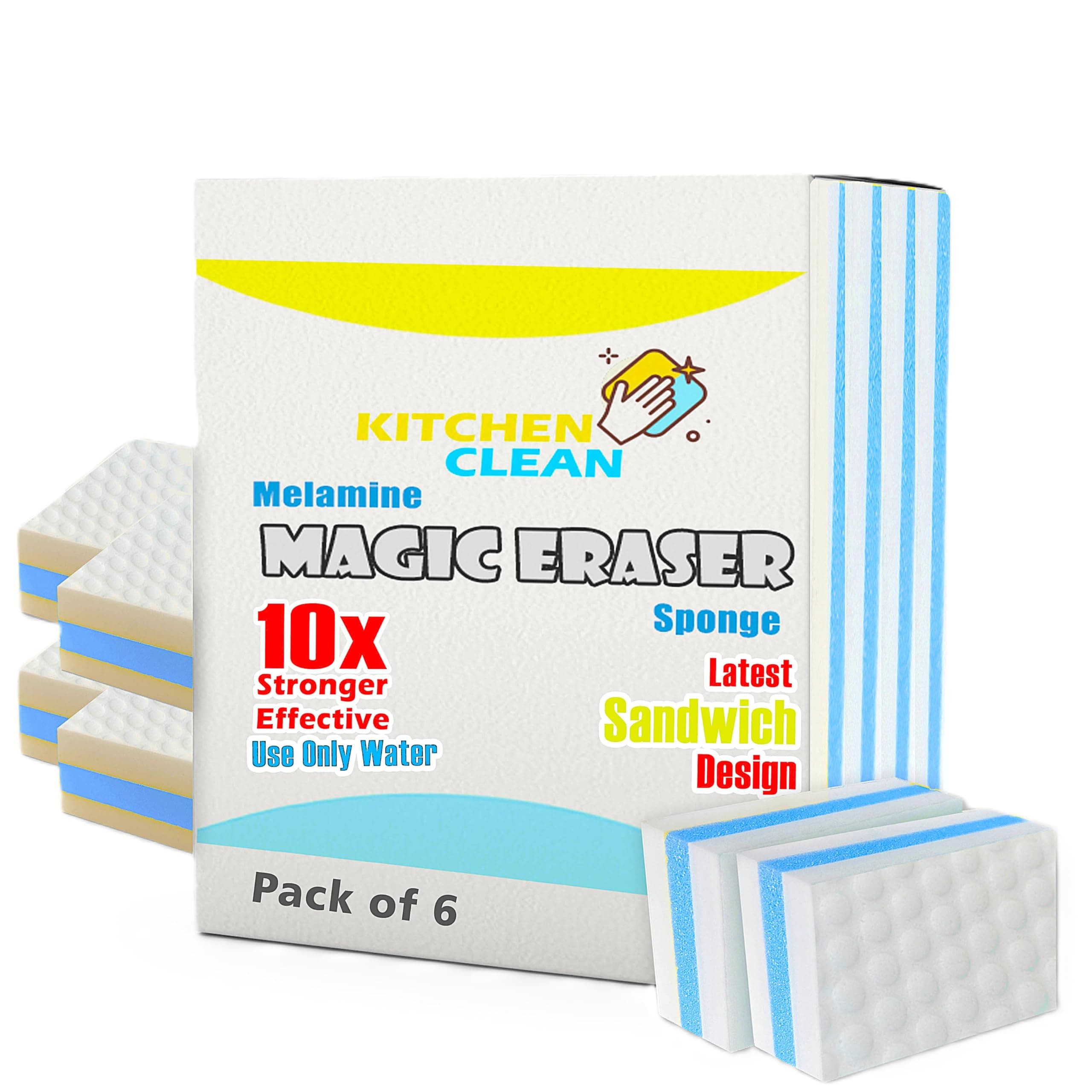 Magic Eraser Cleaning Sponge | Advanced Stain Remover | Melamine Sponge for Pen Marks, Switch Boards, Taps, Wall Stain, Glass, Shoes, Sneakers | Pack of 6