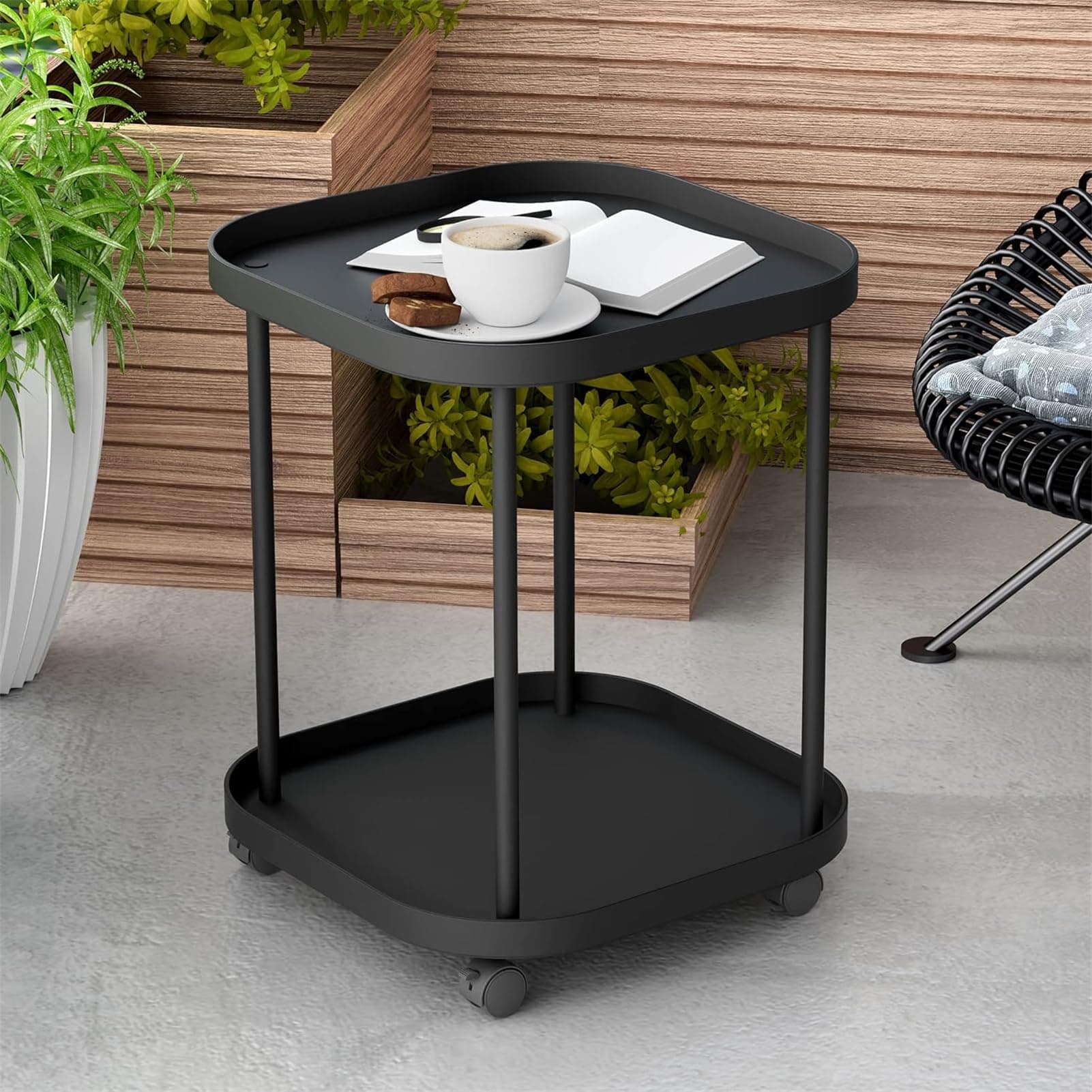 TAME End Table, 2 Tier Side Table for Living Room, Folding Round Plastic End Table Small Nightstand Accent Side Table with Wheels, Portable Side Table for Bedroom Kitchen Sofa (black)