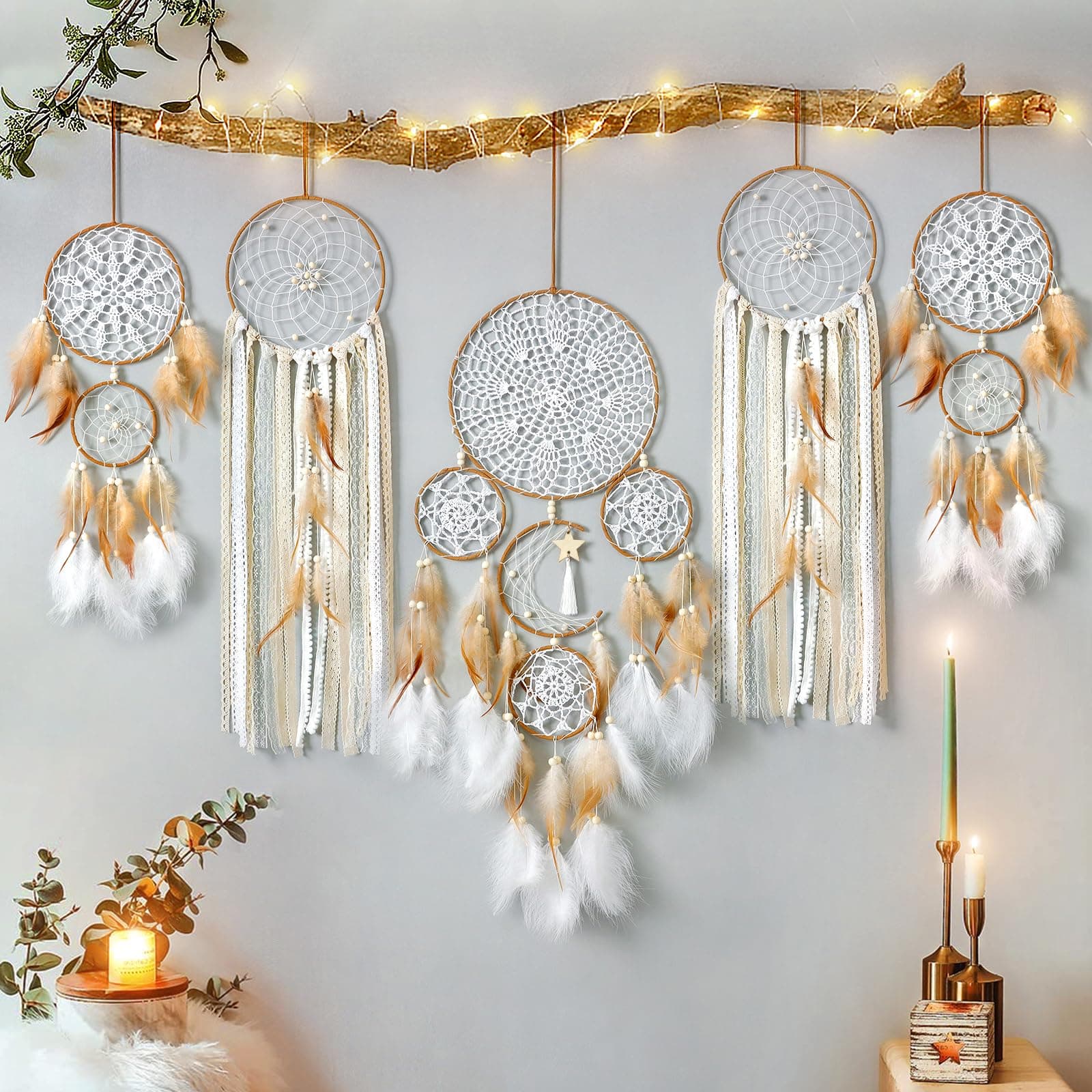 LOMOHOO5 Pack Dream Catcher Moon and Sun Design Boho Wall Hanging Decor Handmade Traditional Feathers Dream Catchers for Kids Bedroom Living Home Decoration(Brown)