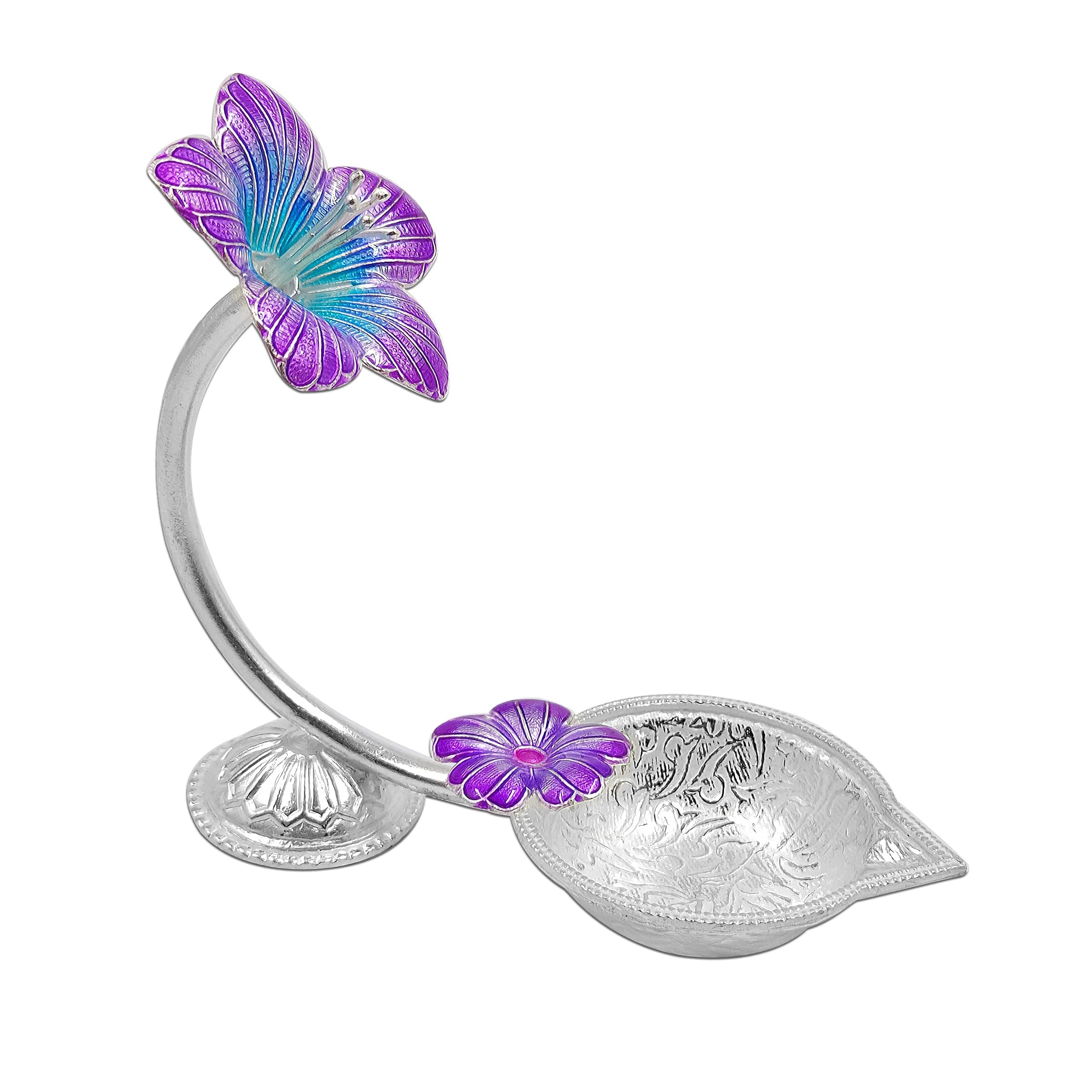 MAA SILVER Pure Silver Diya/Lamp/Deepak/Deep with Hibiscus/Jaswanti Flower Design Perfect for Gift and Pooja Use (65% Purity) (Purple, 15)
