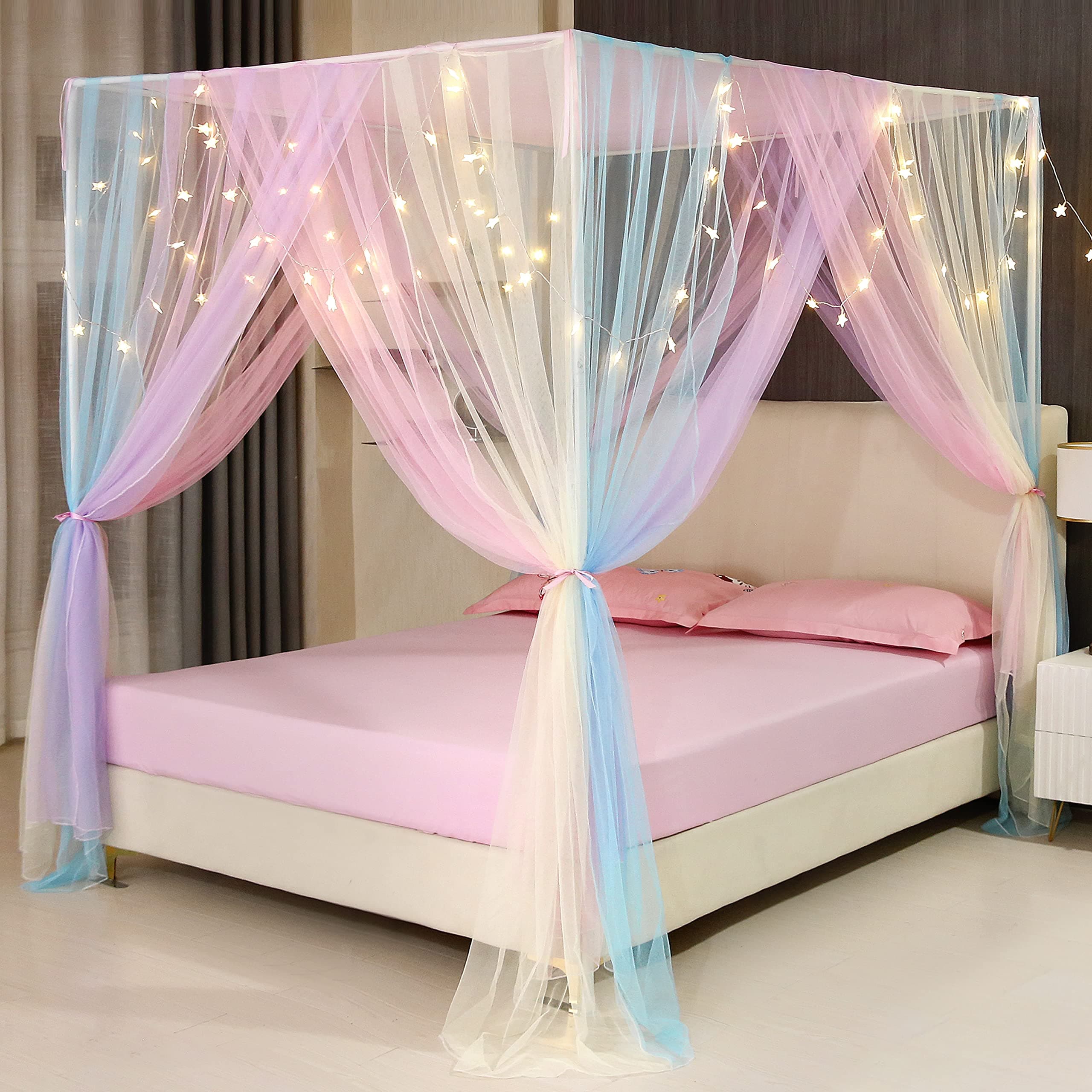 Canopy Bed Curtains with Lights,Rainbow Bed Canopy Bed Drapes Netting Bedroom...