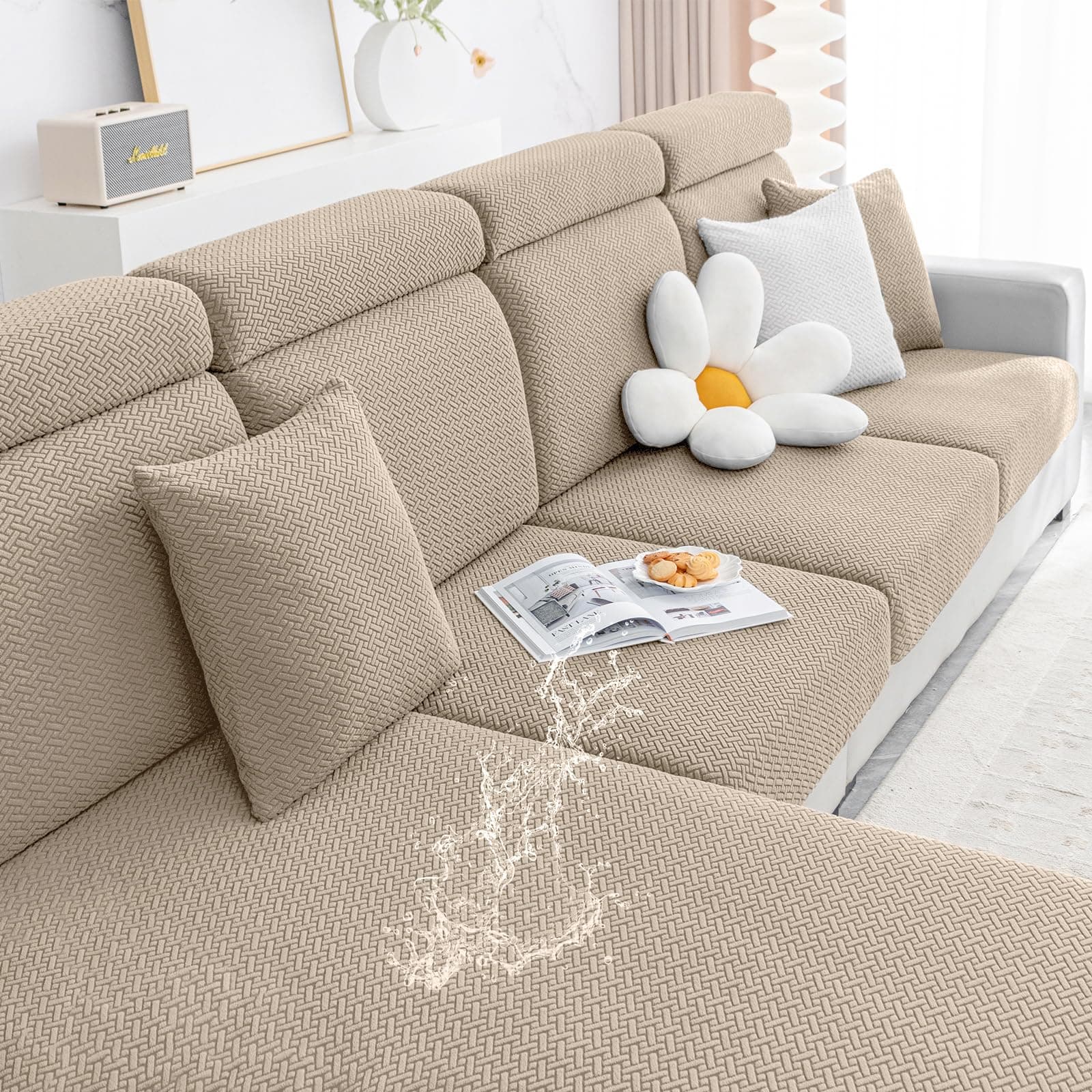 Smiry Waterproof Couch Cushion Covers, Stretch Jacquard Thick Sofa Cushion Covers, Washable Seat Slipcover Elastic Furniture Protector for Pets, Kid (Back Cover L, Camel)