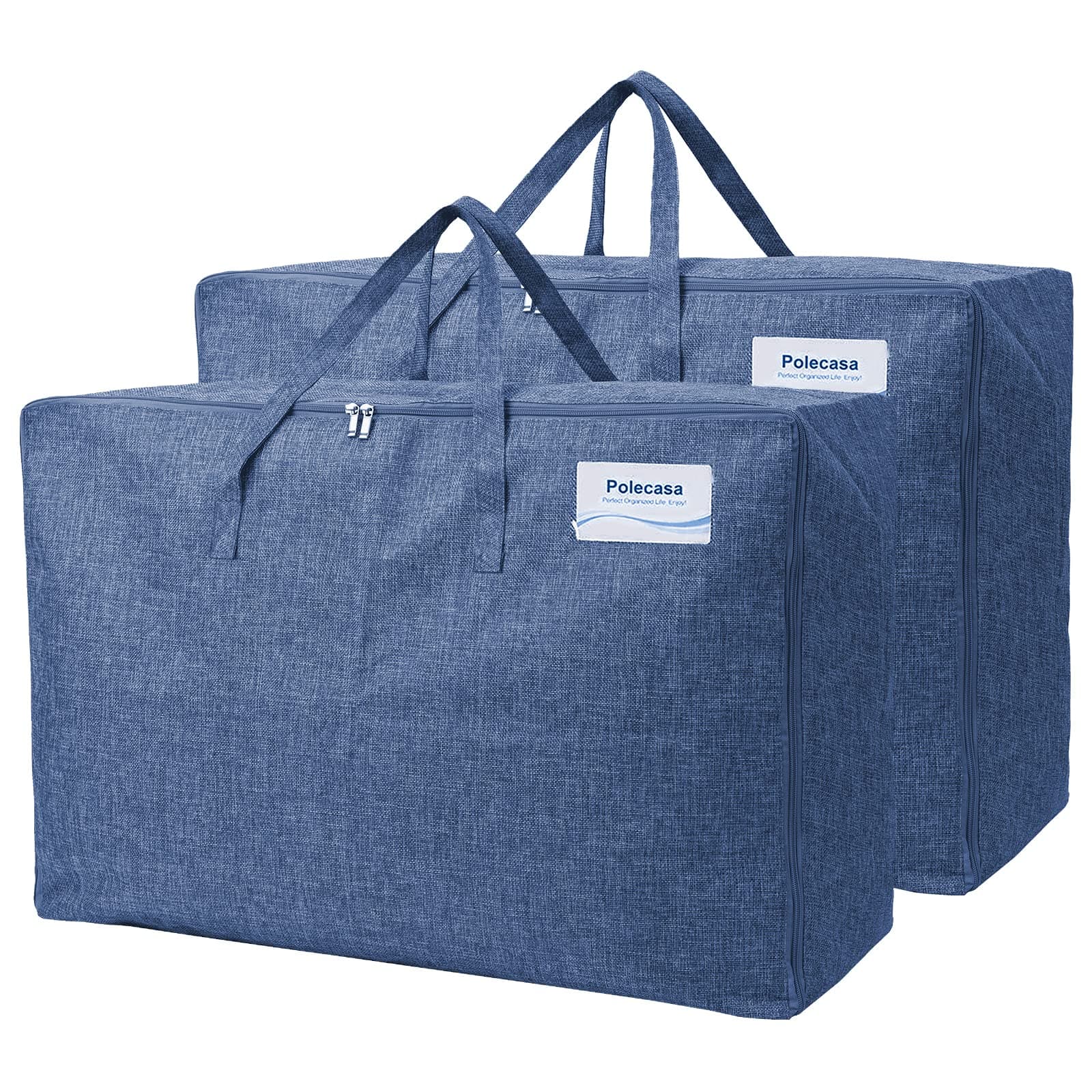 Polecasa 105L 2 Pack Extra Large Storage Bags with Strong Handles & Zippers & Lining, Heavy Duty Moving Bag, Waterproof Closet, Underbed Organizer for Bedding, Blanket, Pillow, No Smell, Navy Blue