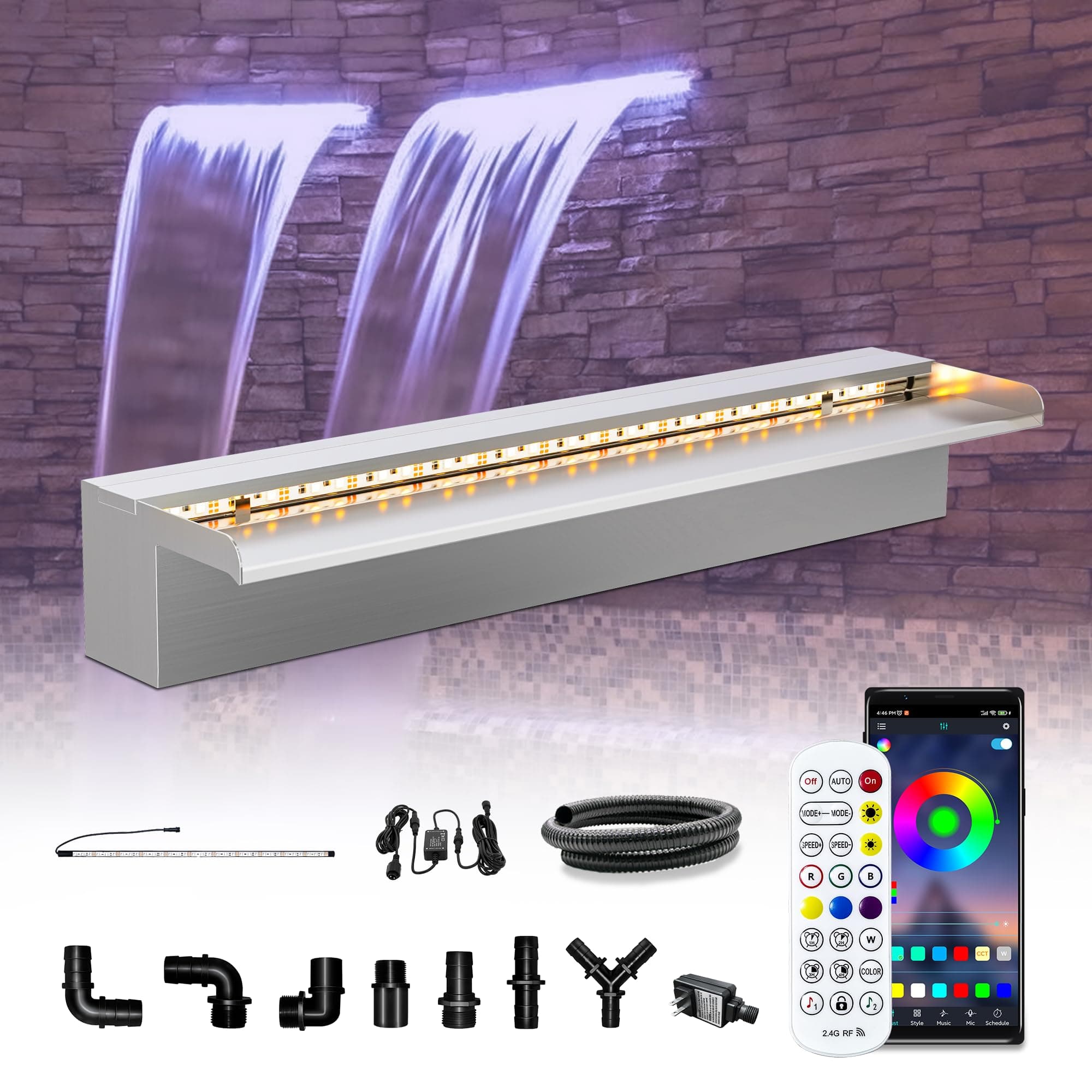 LONGRUN Waterfall Pool Fountain, Updated 5.9'' Wider Open Lip Stainless Steel Waterfall Spillway, Decorative Water Feature for Swimming Pools, Koi Ponds, Spa & Garden - 23.6''