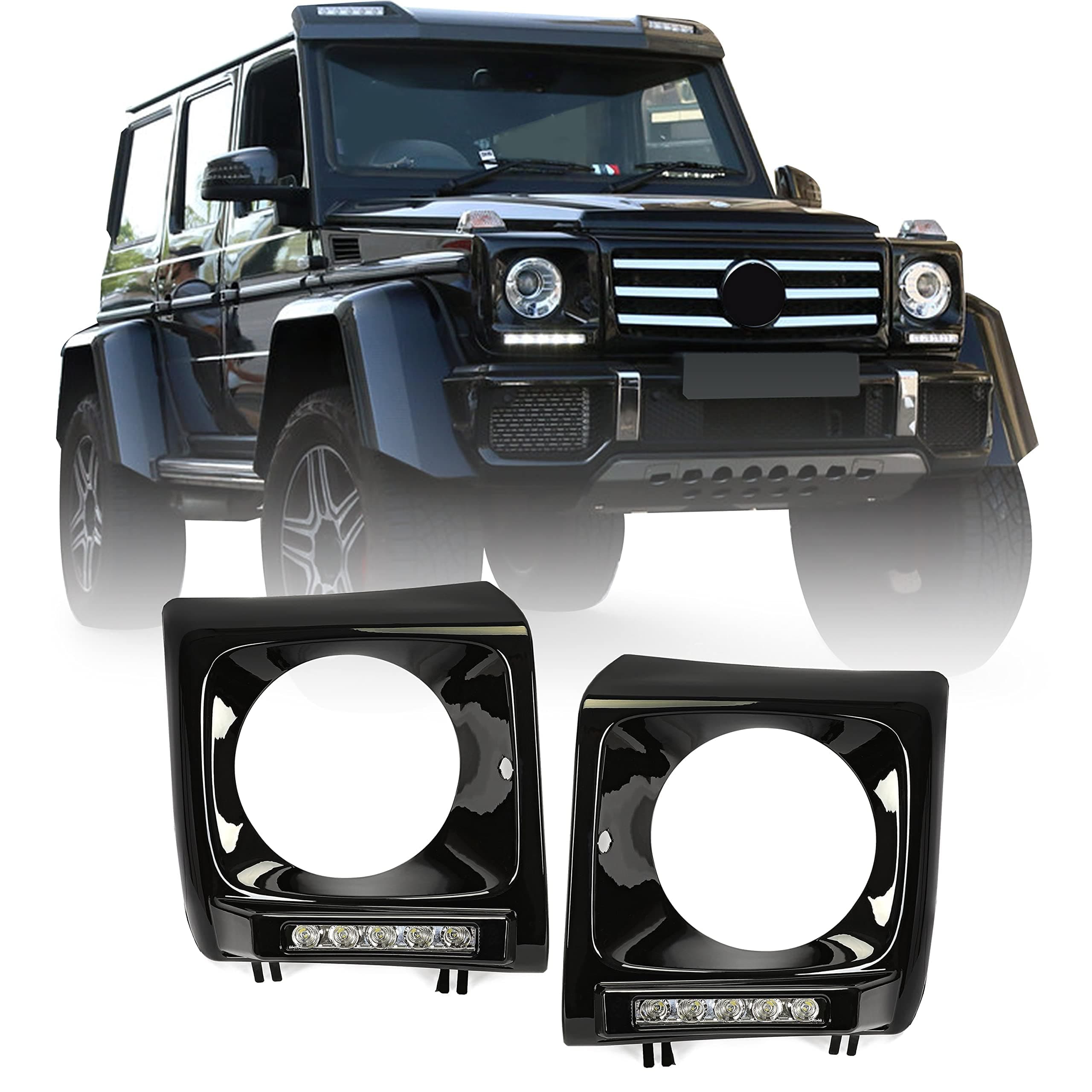 Kojem Pair Headlight Bezels w/LED DRL Compatible with 1990-2018 Mercedes Benz G-Class W463 G500 G63 G55 AMG Headlamp Cover Front Lamp Bezel Trim Black