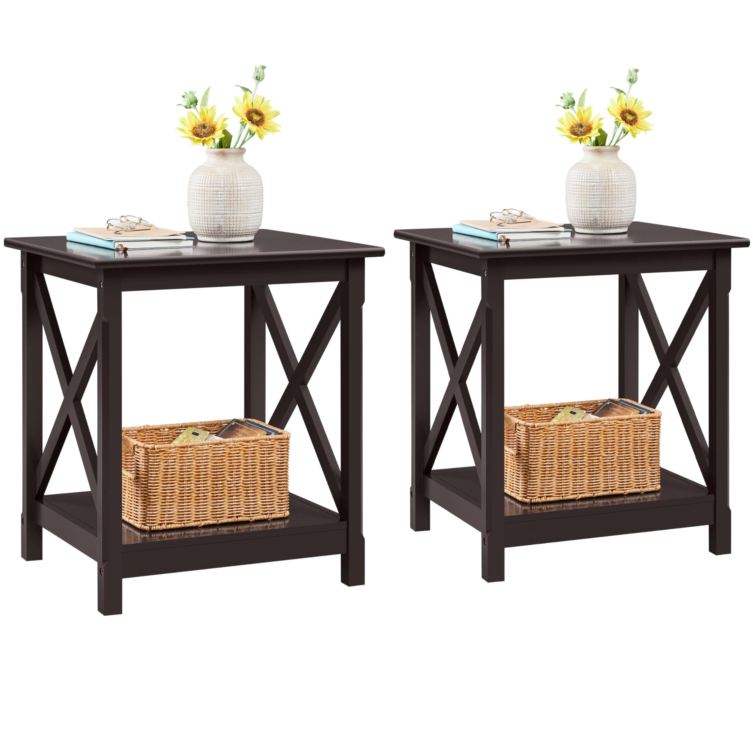 Yaheetech X-Design End Tables Set of 2, Sofa Side Table with Storage Shelf, 2 Tier Side Stand Small Table for Living Room Sofa Study, Easy Assembly, Dark Coffee