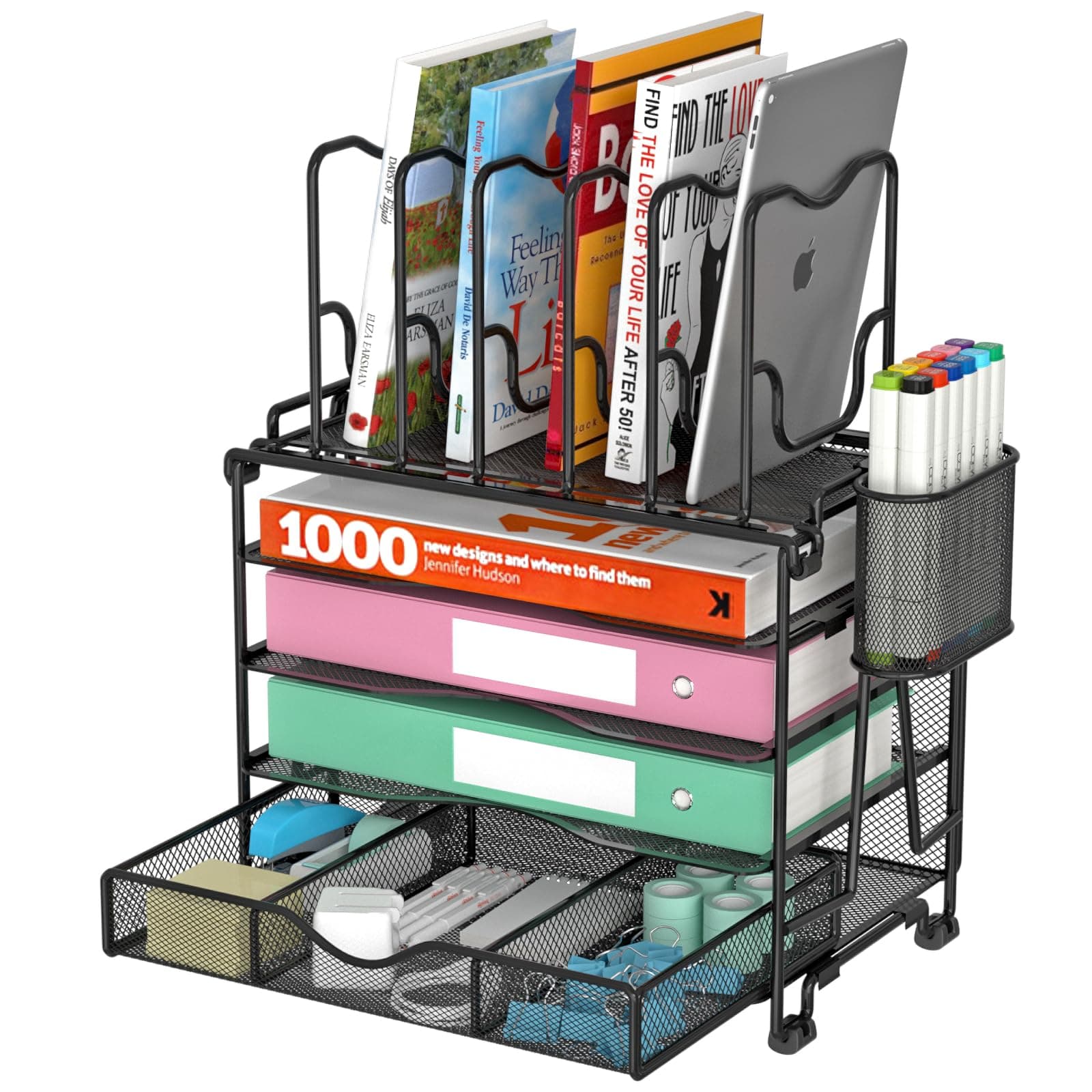 Mesh Desk Organizer, 3-IN-1 Desktop Organizer with 4 Tier Tray and 5 Upright Sections, File Organizer for Desk with Sliding Drawer, Black