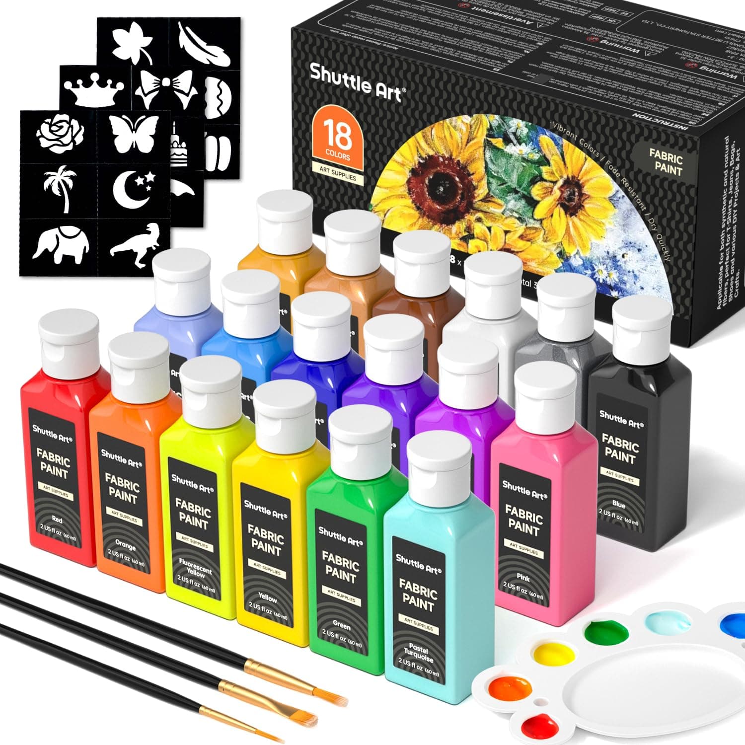 Shuttle Art Fabric Paint, 18 Colors Permanent Soft Fabric Paint in Bottles (60ml/2oz) with Brushes, Palette, Stencils, Non-Toxic Textile Paint for T-Shirts, Shoes, Jeans, Bags, DIY Projects&Art