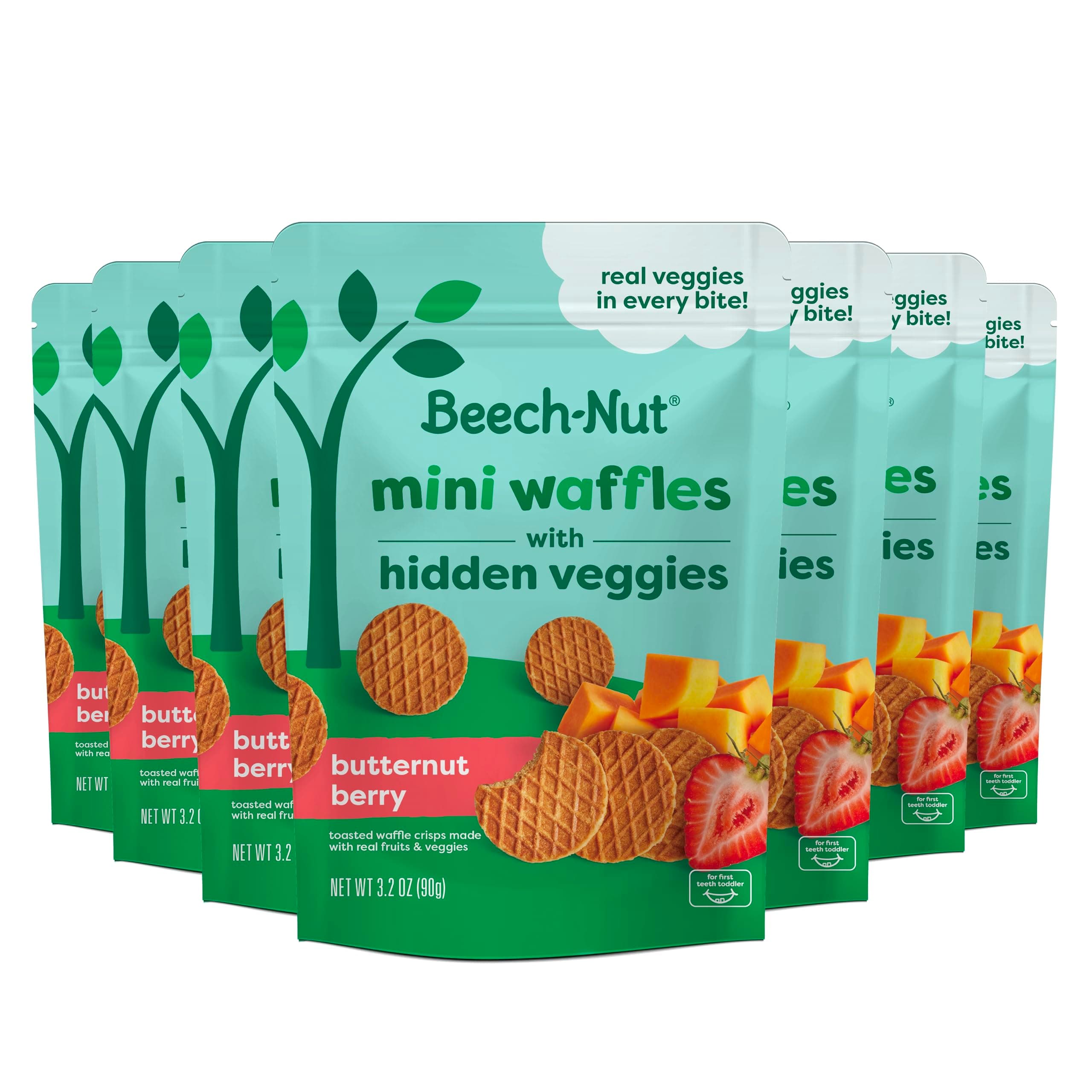 Toddler Snacks, Mini Waffles with Hidden Veggies, Butternut Berry, Non-GMO, 3.2 oz Bag (7 Pack)