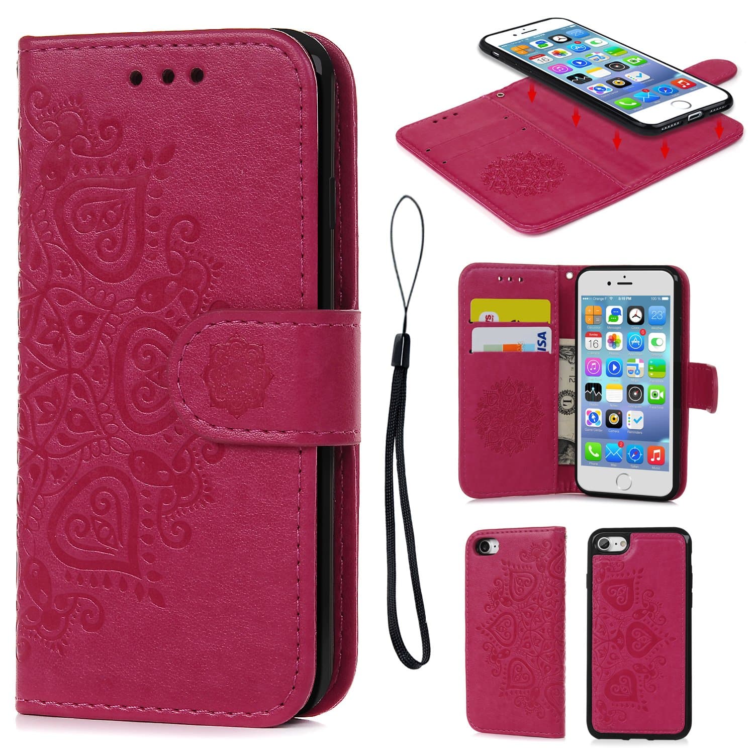 iPhone 7 Case Leather Wallet Embossed Mandala Florals Design PU Leather Flip Case Detachable TPU Cover Magnetic Wallet with Card Slots & Wrist Strap Case for iPhone 7 4.7 inch - Hot Pink