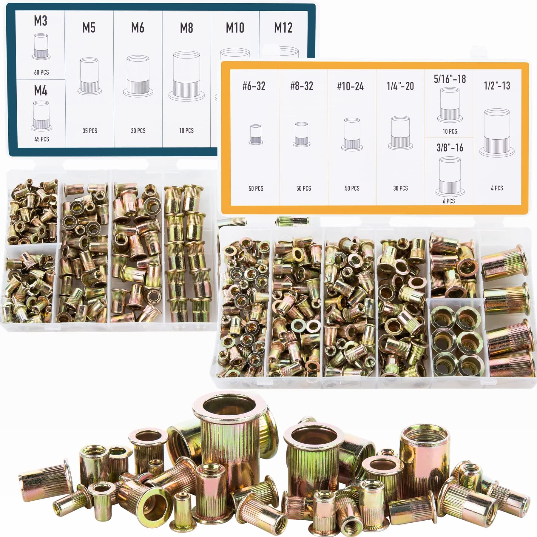 Rivet Nut Kit, 380pc SAE & Metric Rivet Nuts Kit w Galvanized Carbon Steel Flat Head Rivnuts, Sizes 6-32 8-32 10-24 1/4"-20 3/8"-16 5/16"-18 1/2"-13 M3 M4 M5 M6 M8 M10 M12