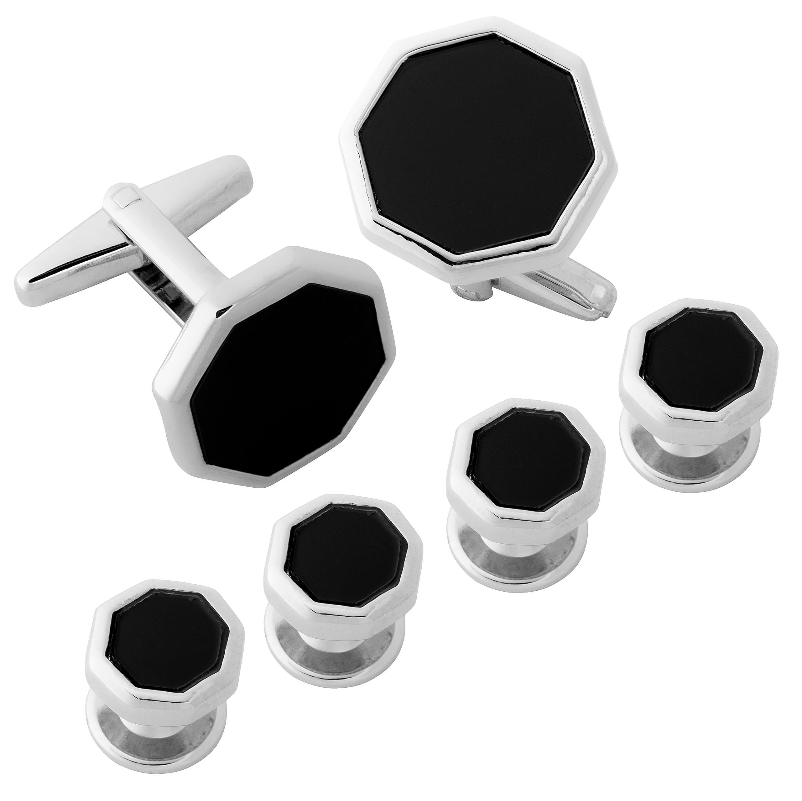 Alfa Perry Classic Octagon Tuxedo Stud and Cufflink Set,with Black Center and Silver Color Edge