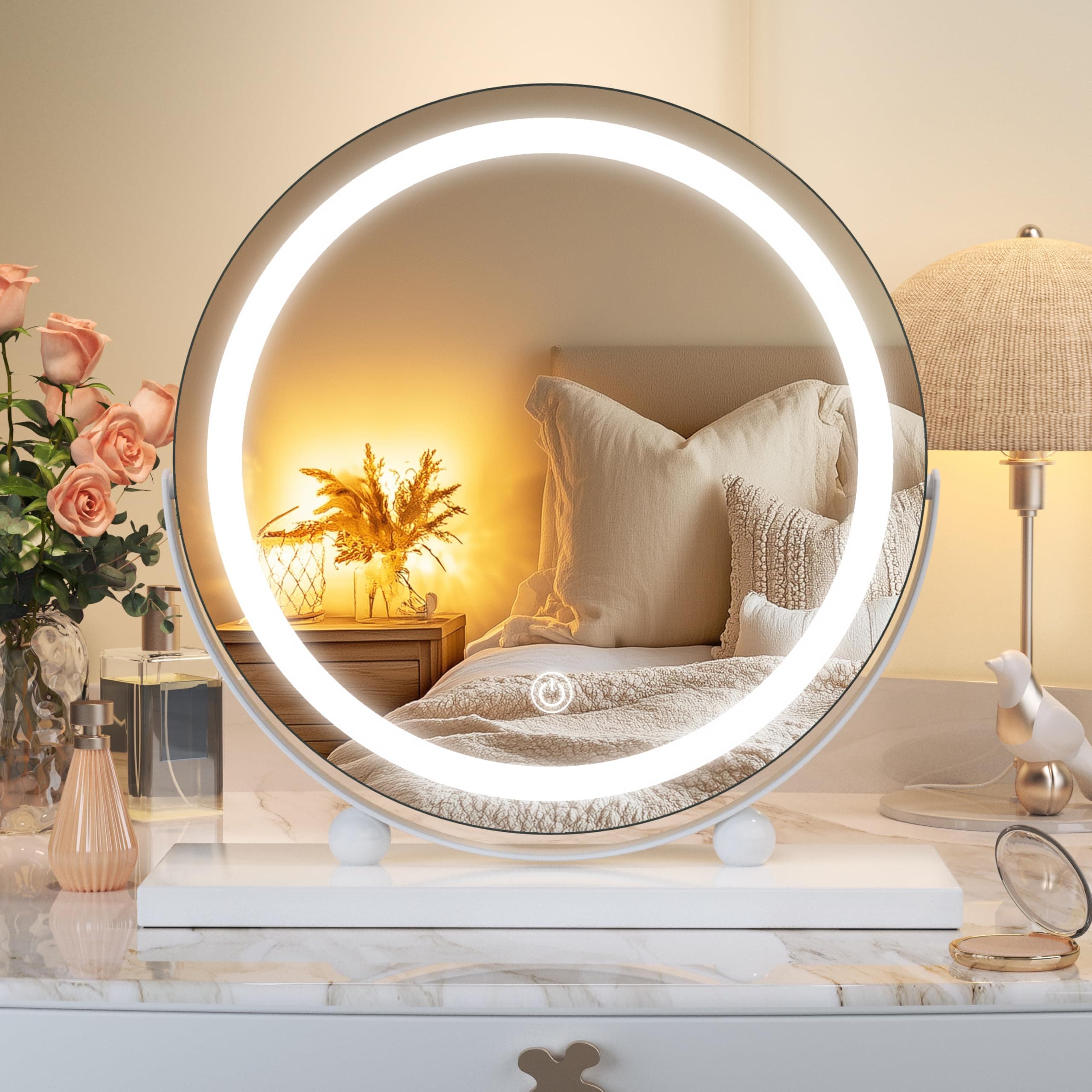 Hasipu Vanity Mirror with Lights, 30 x 30cm LED Makeup Mirror, Lighted Makeup Mirrors with with Smart Touch Control, 3 Colors Dimmable Round Mirror 360° Rotation White Round