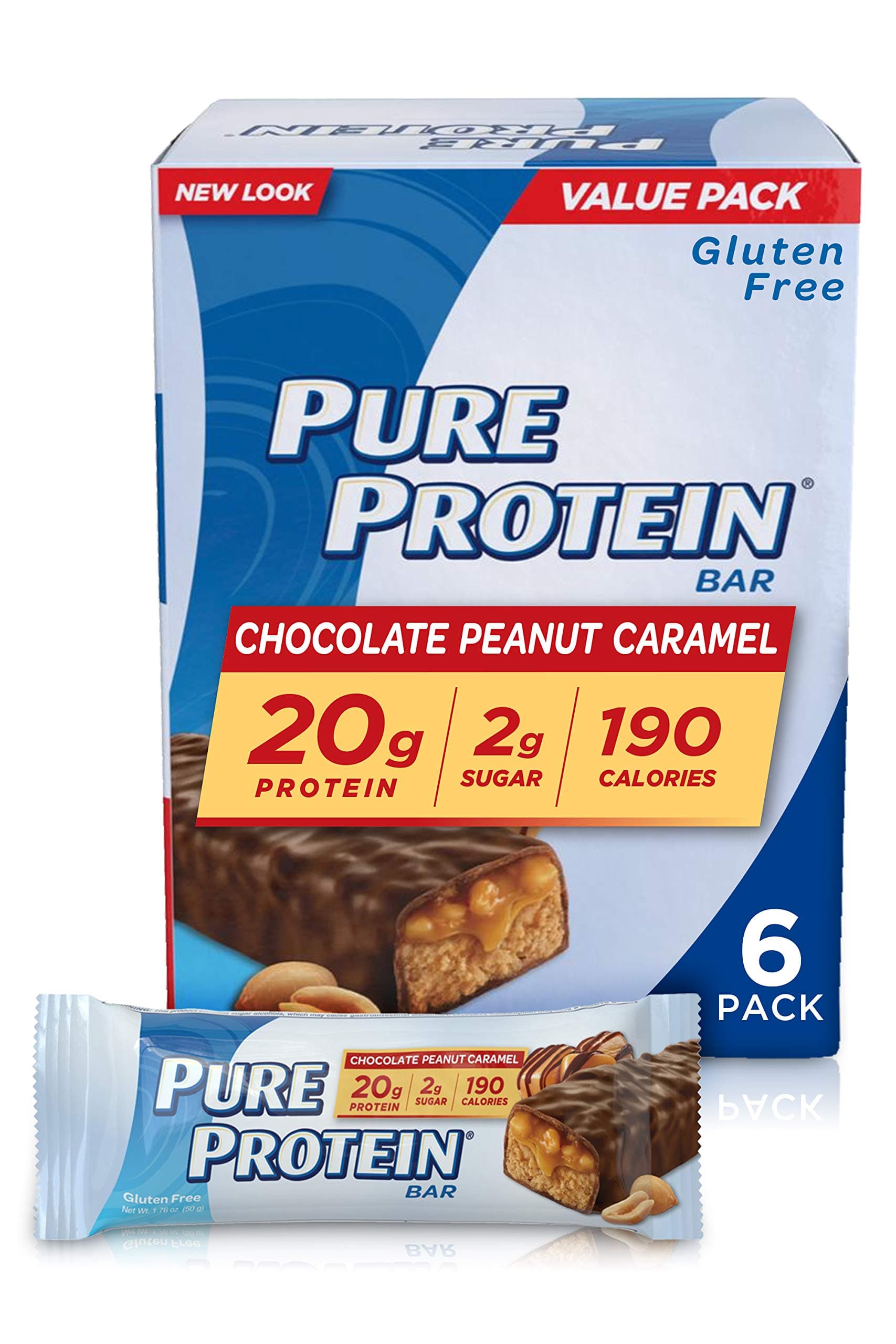 Pure Protein--High Protein Bar Chocolate Peanut Caramel--Protein Bars--20 Grams of Protein per Bar--Gluten Free--6-1.76-Ounce Bars