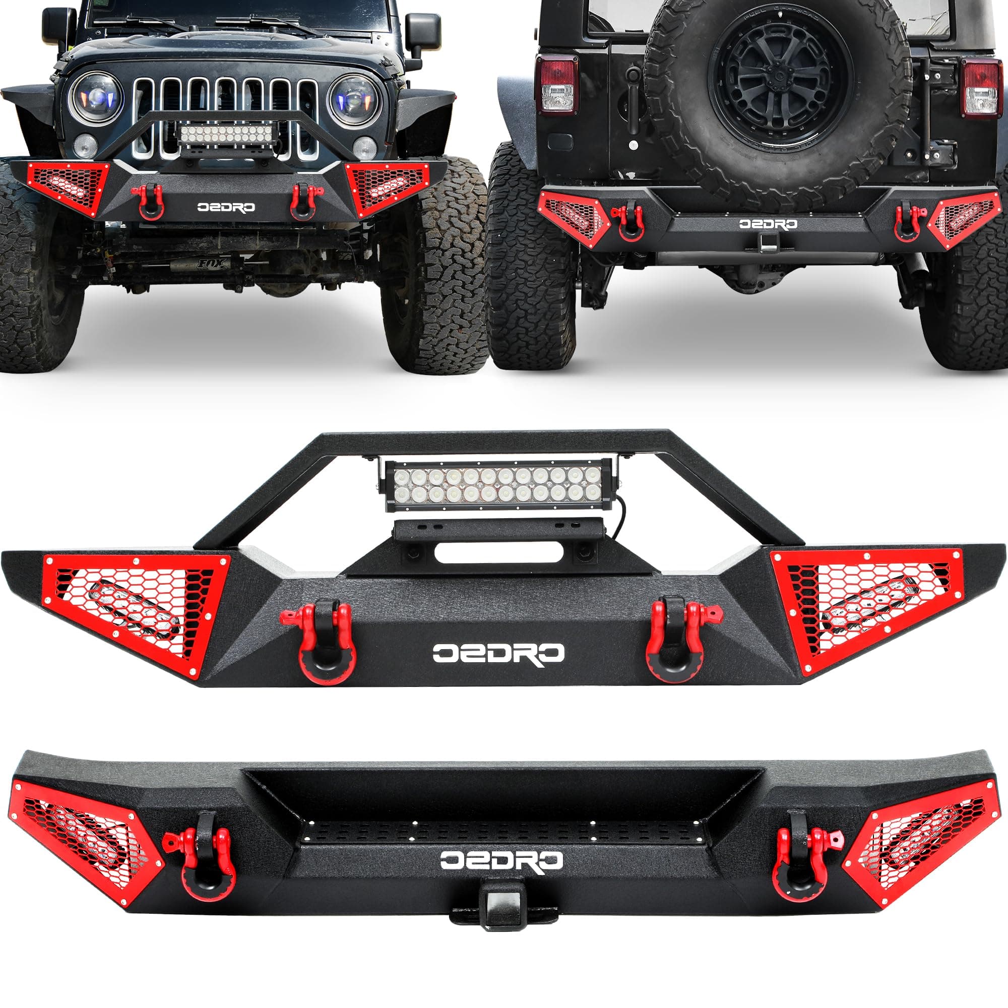 OEDRO Front & Rear Bumper Compatible with 2007-2018 Jeep Wrangler JK JKU Unlimited, Equipped with 2'' Hitch Receiver, Paintable Armor, 18W LED Lights & D-Rings for 2/4 Door Models, Black