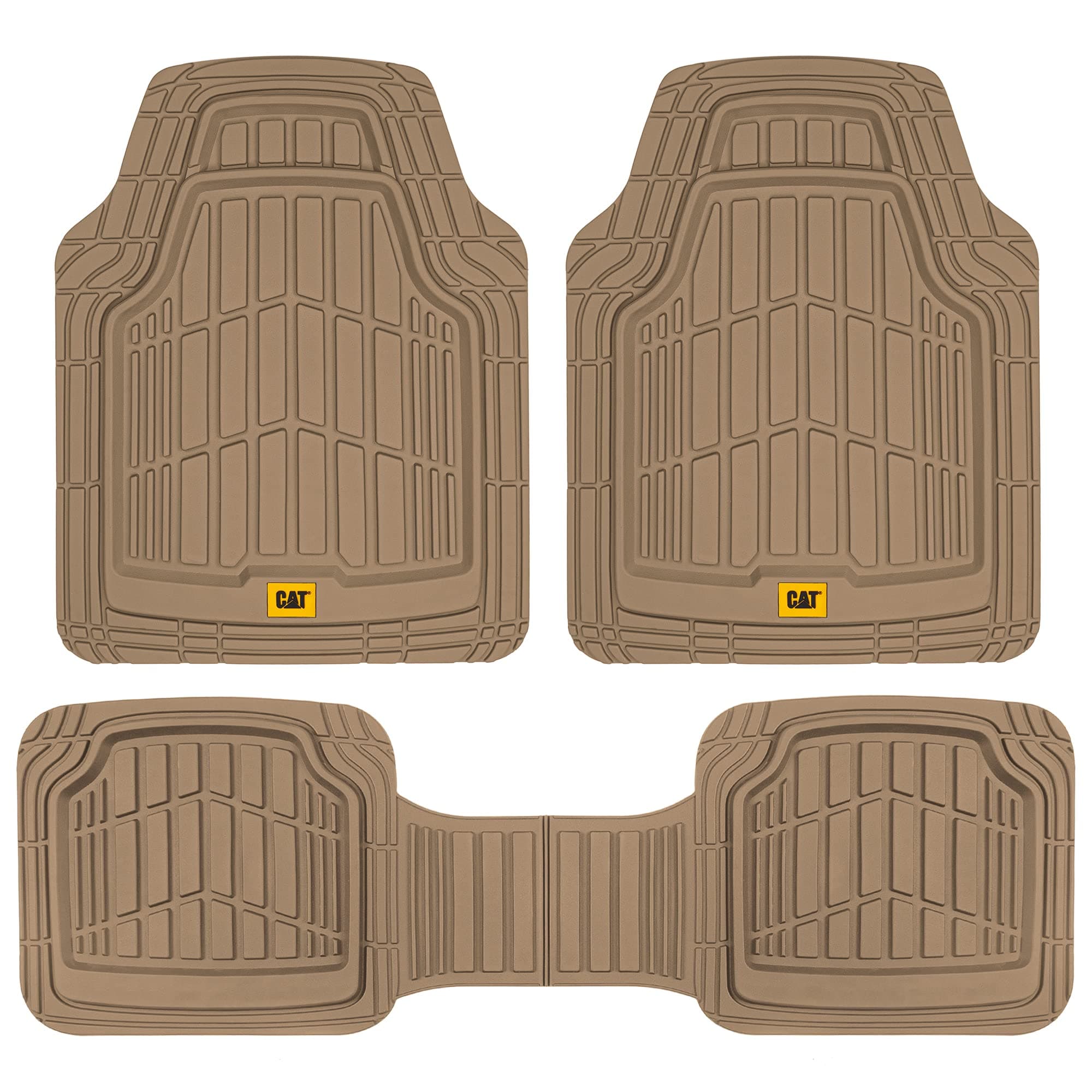 Caterpillar CAT (3-Piece) Deep Dish Heavy Duty Odorless Rubber Floor Mats, Total Protection Durable Trim to Fit Liners for Car Truck SUV & Van, All Weather, 02-beige (CAMT-1003-BG)