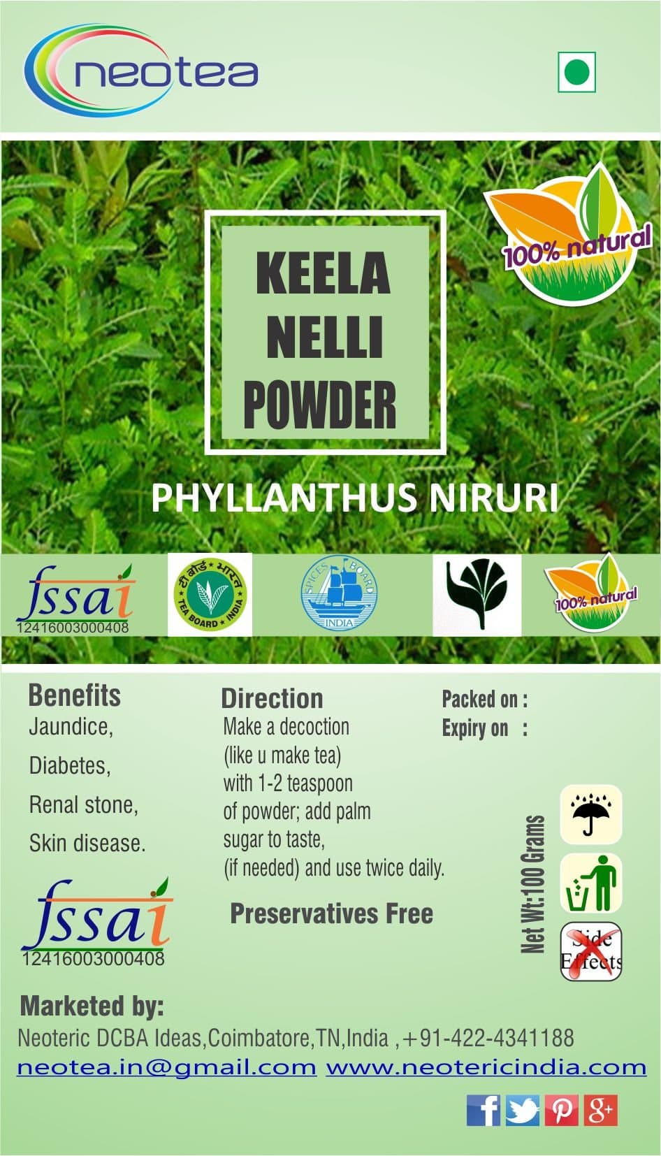Neotea Keelanelli Powder (Phyllanthus Niruri) (500g)