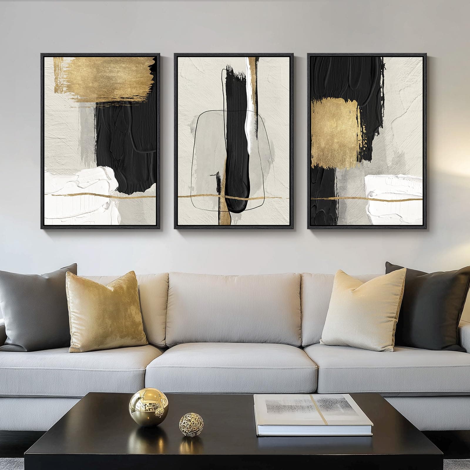 Large Framed Black and White Abstract Wall Art, 3 Piece Modern Canvas Prints Paintings Artwork for Walls, Minimalist Black Beige Gold Pictures for LIving Room Bedroom Office Wall Decor Total 30x60 In
