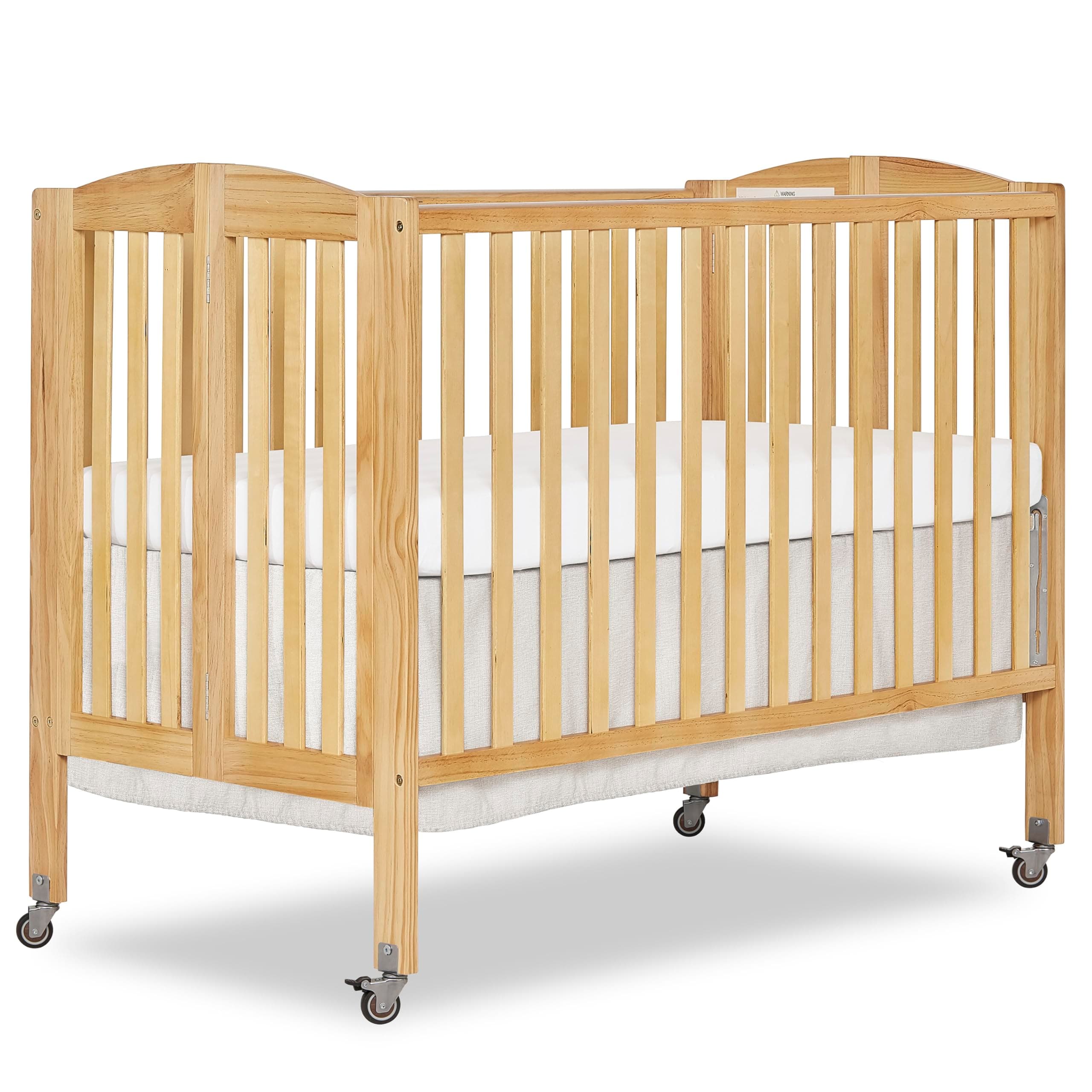 Full-Size 2-in-1 Folding Baby Crib in Natural, GreenGuard Gold & BSA, Portable, Patented Quick Folding System, Strong Wheels, 2 Adjustable Mattress Heights