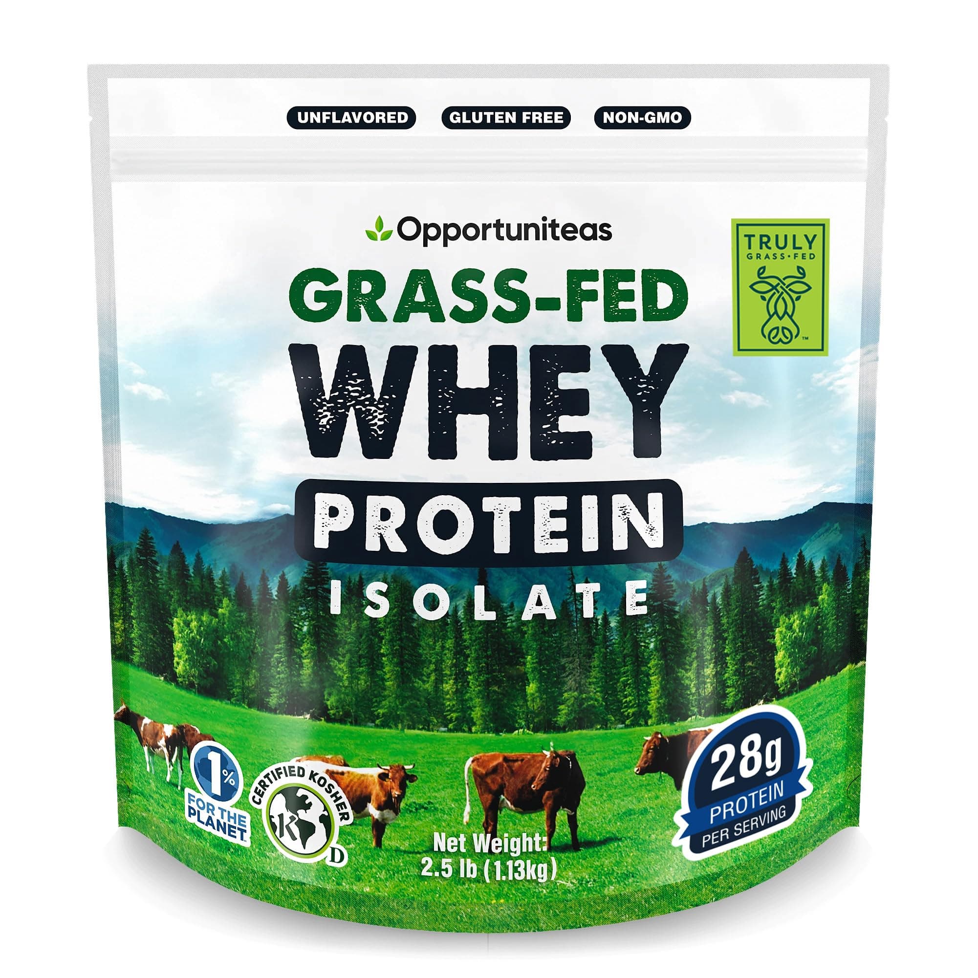 Opportuniteas Grass Fed Whey Protein Powder Isolate - Unflavored - 28g Protein - Low Carb Keto & Paleo Diet Friendly - for Shakes, Smoothies, Drinks & Cooking - Non GMO & Gluten Free - 2.5 Pounds