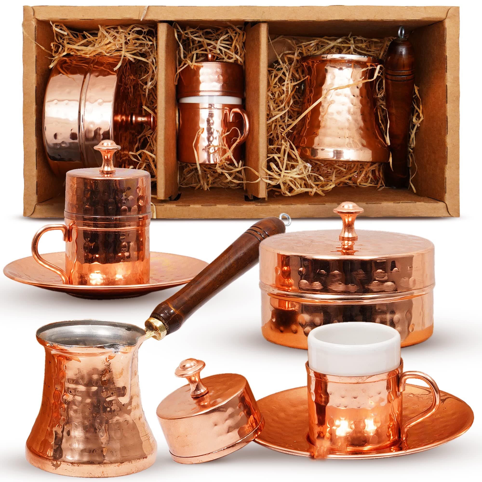 Turkish Coffee Set – Turkish Coffee Maker Set w/ 2 Cups, Sugar Dish, Copper Turkish Coffee Pot (Cezve) – Traditional Turkish Gifts in A Box – Coffee Gifts for Coffee Lovers