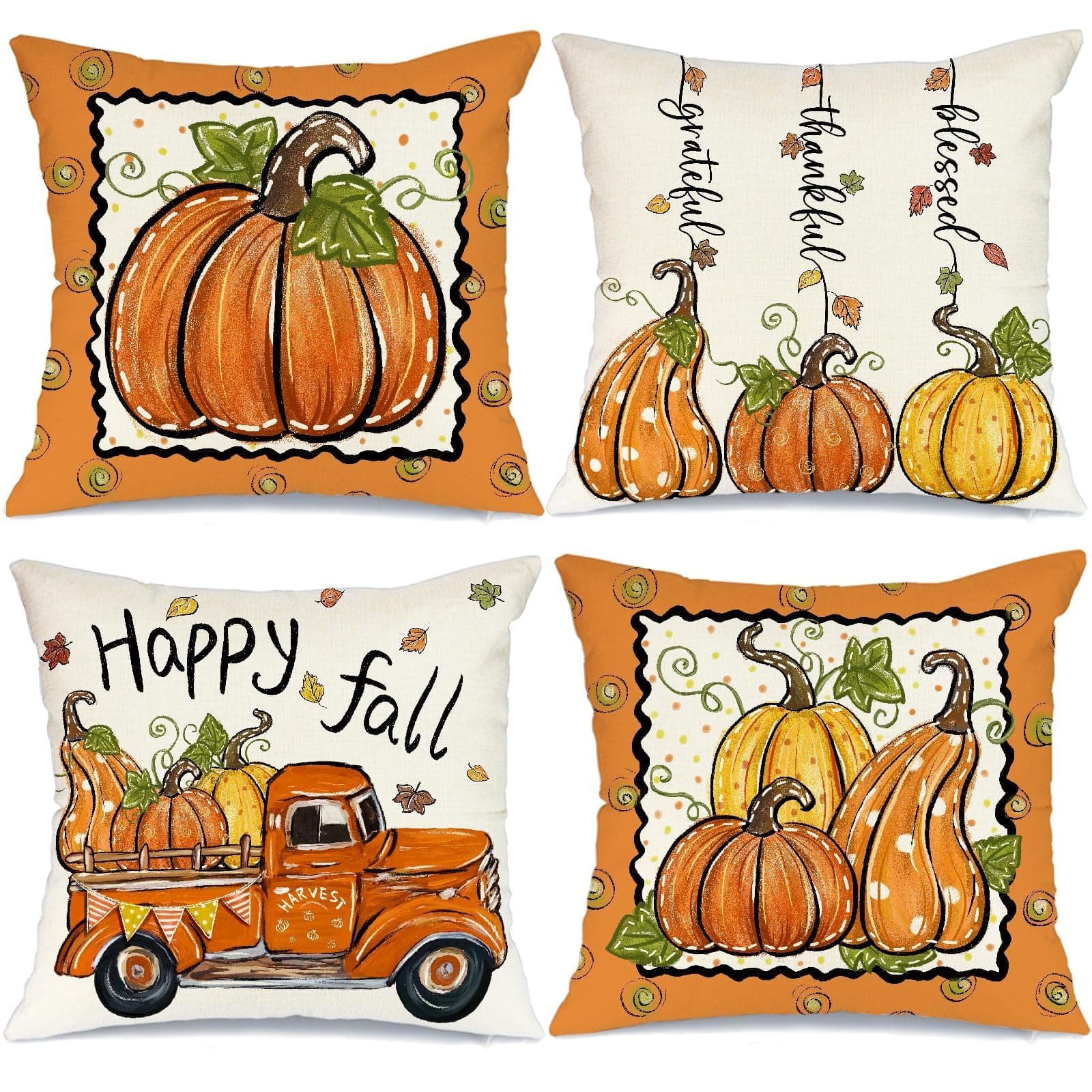 GEEORY Fall Pillow Covers 18 x 18 Inch Set of 4, Happy Fall Pumpkins Blessed Thankful Grateful Rustic Cushion Cases Farmhouse Decor for Home Party Sofa Couch (Orange) G357-18