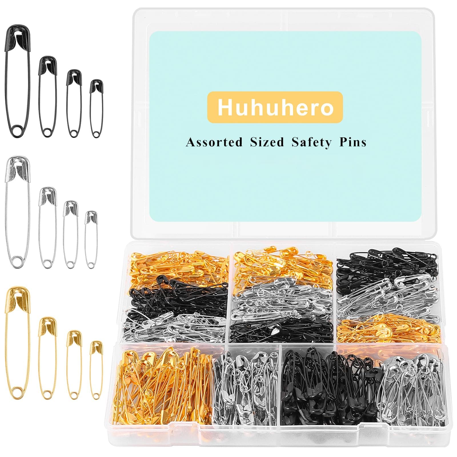 630 Pack Safety Pins Assorted, 5 Different Sizes Small and Large Safety Pin for Clothes Pins Sewing, Nickel Plated Steel, Arts and Crafts Supplies (3 Colors)