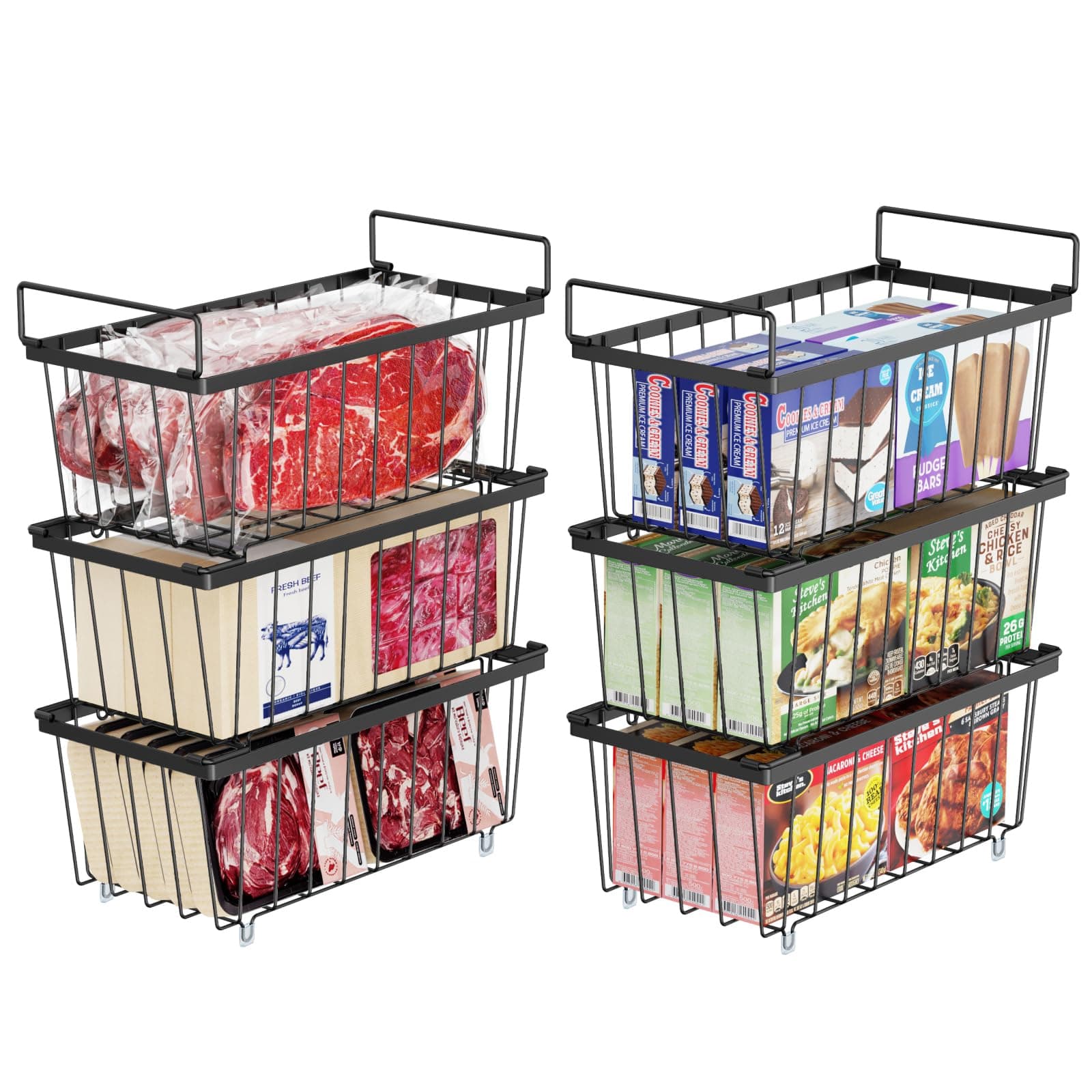 iSPECLE Chest Freezer Baskets - 6 Pack Stackable Freezer Organiser for 198L Chest Freezer Easy to Sort and Get Food with Handles Freezer Organizer Bins Add Space and Allow Air Circulation, Black