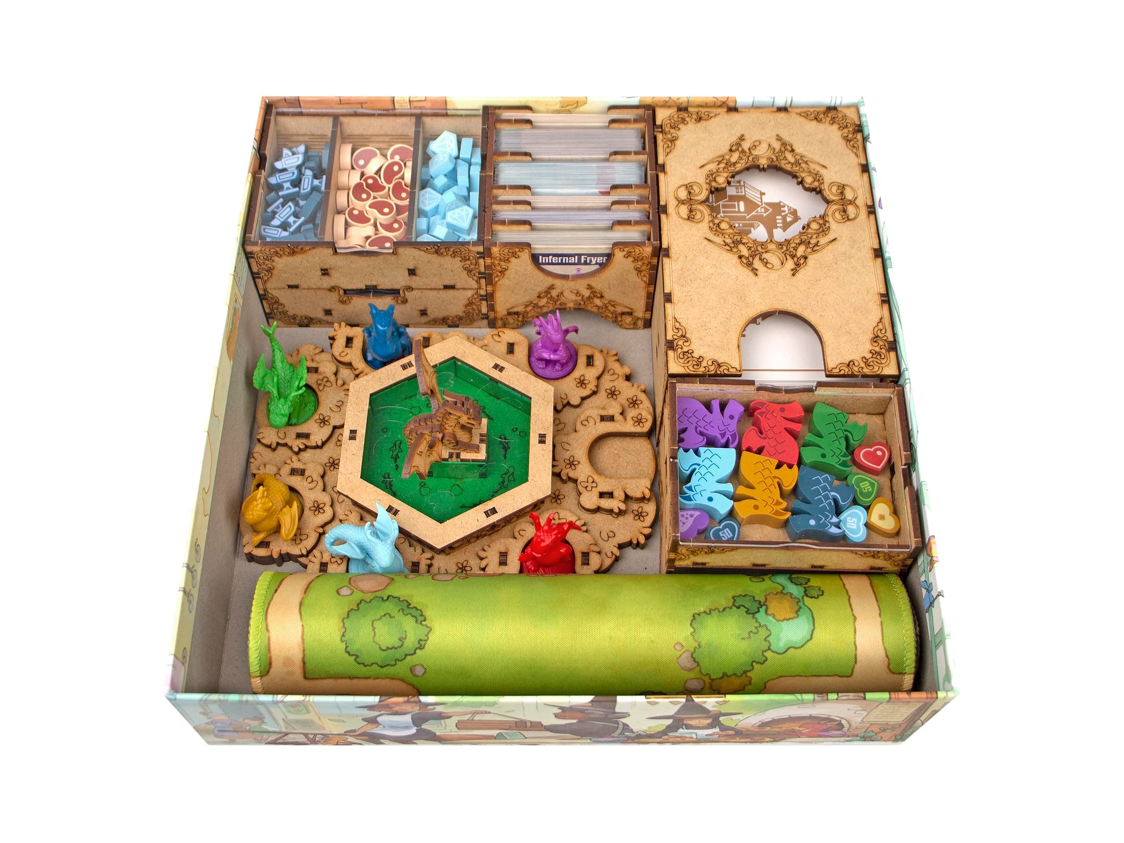 TowerRex Organizer for Flamecraft with 7 Dragons Tray - Upgrade Board Game with Storage Box Organizer for Cards, Tokens and Dice - Accessories Upgrade for Components of Flamecraft