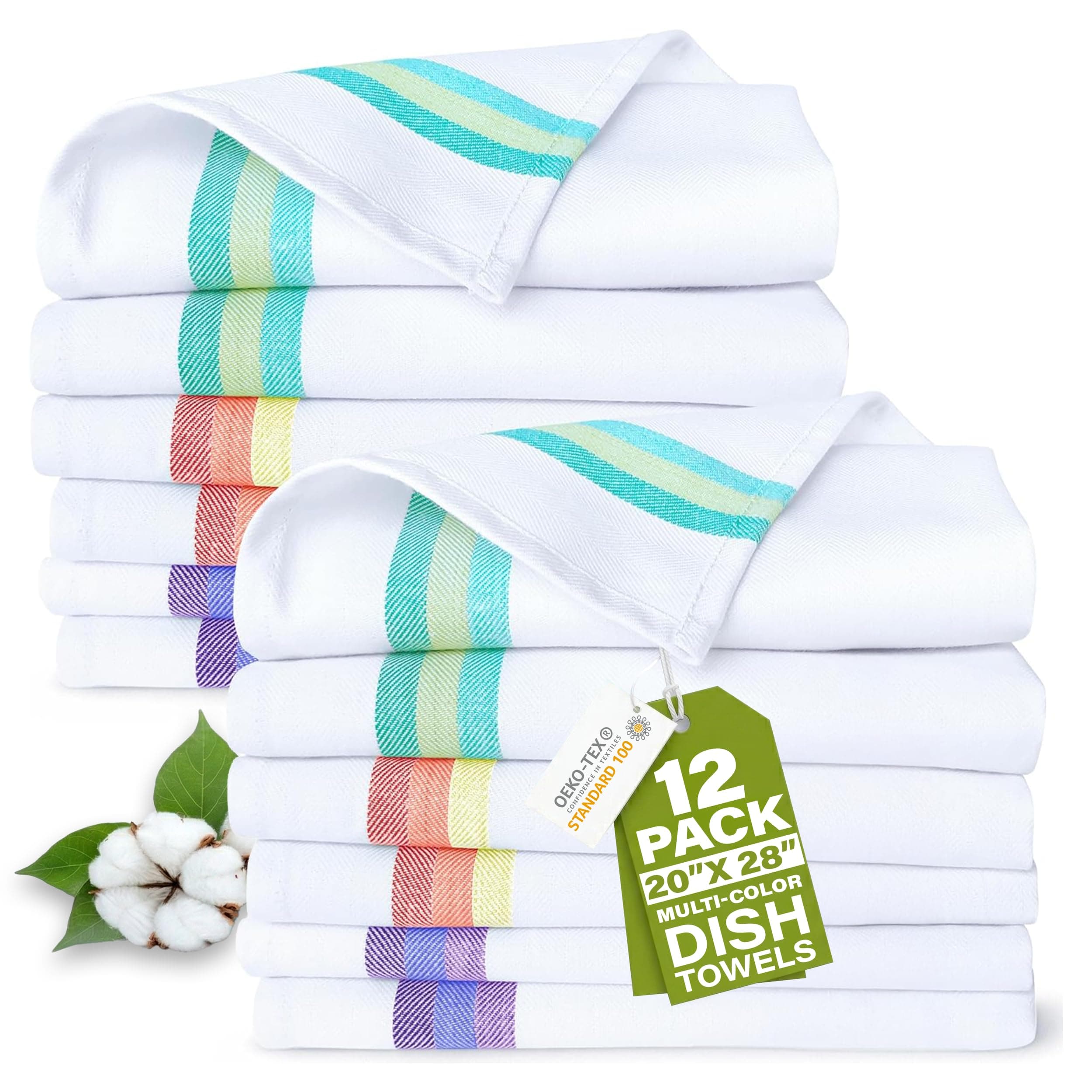 Harringdons Premium Tea Towels for Kitchen – 12-Pack 100% Natural Cotton Dish Towels, Quick Drying, Ultra Absorbent, Bleach Safe, 50x70 cm (Assorted Colours)