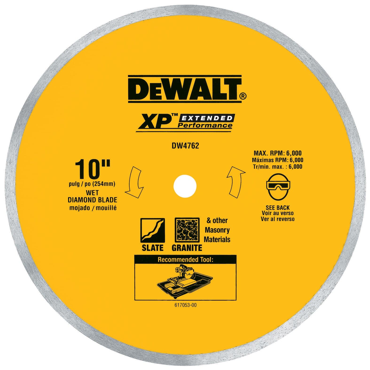 DEWALT Diamond Blade for Porcelain or Tile, Wet Cutting, Continuous Rim, 5/8-Inch Arbor, 10-Inch (DW4762)