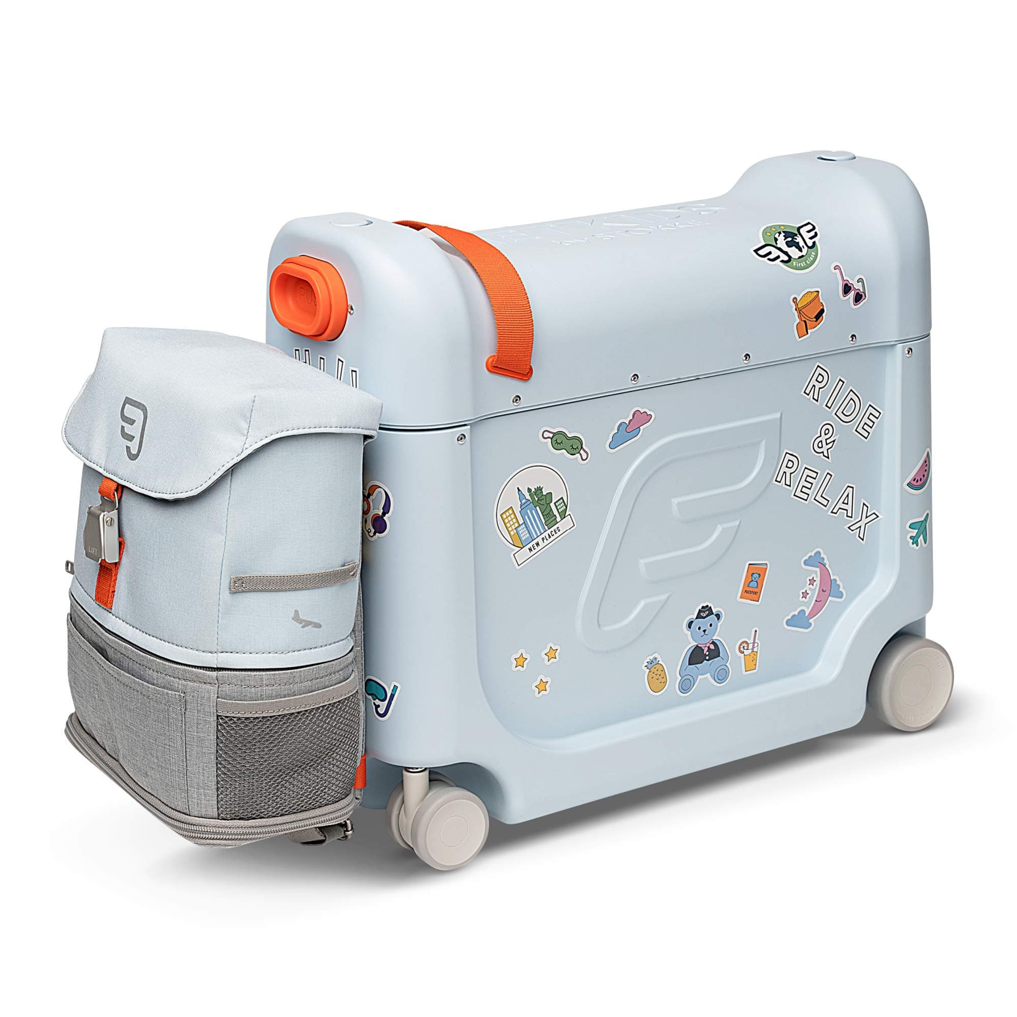 JetKids by Stokke Travel Bundle - Includes Kid’s Ride-On Suitcase & In-Flight Bed + Crew BackPack - Best for Ages 3-7, Blue, 16.4 inches x 8.8 inches x 16.4 inches