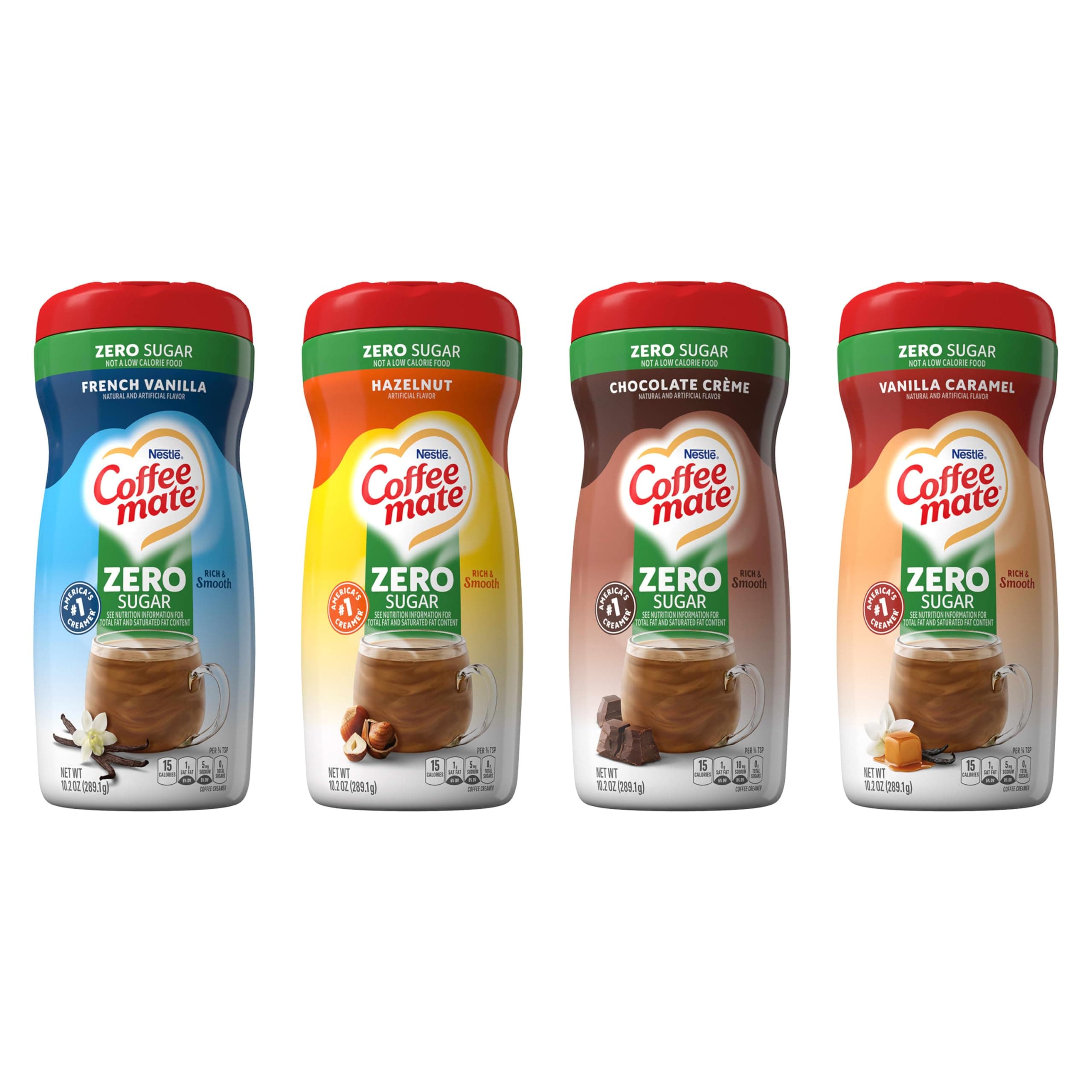 Coffee mate Zero Sugar Flavored Creamer 4 Pack Variety Pack (10.2 oz bottles) – Vanilla Caramel, Hazelnut, French Vanilla, Chocolate Crème